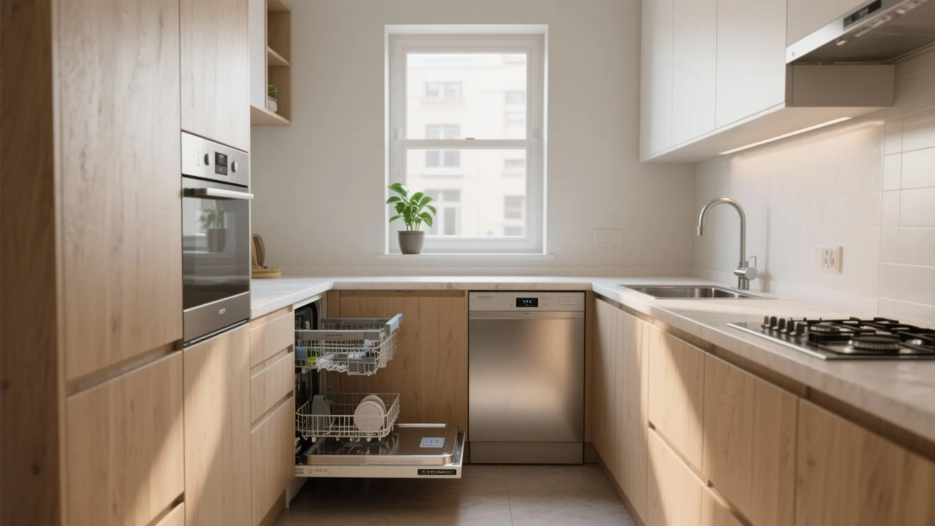Modern kitchen with wood cabinets a silver dishwasher open showing clean dishes and natural light