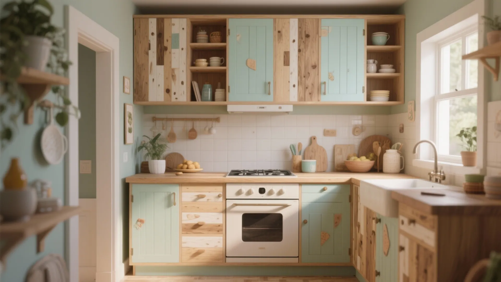 Small kitchen interior design with light blue and wood cabinets plus white oven and sink