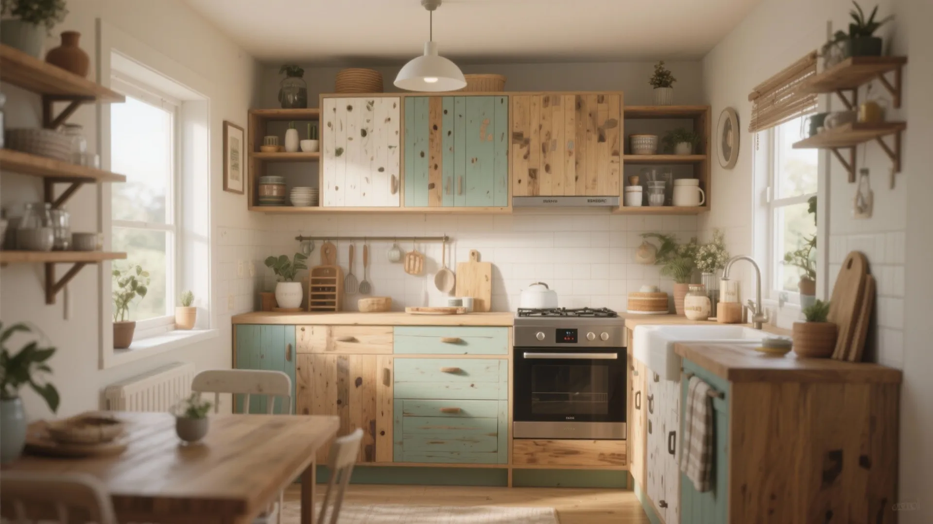Small rustic kitchen with blue and wood cabinets white wall tiles and ceiling light fixture