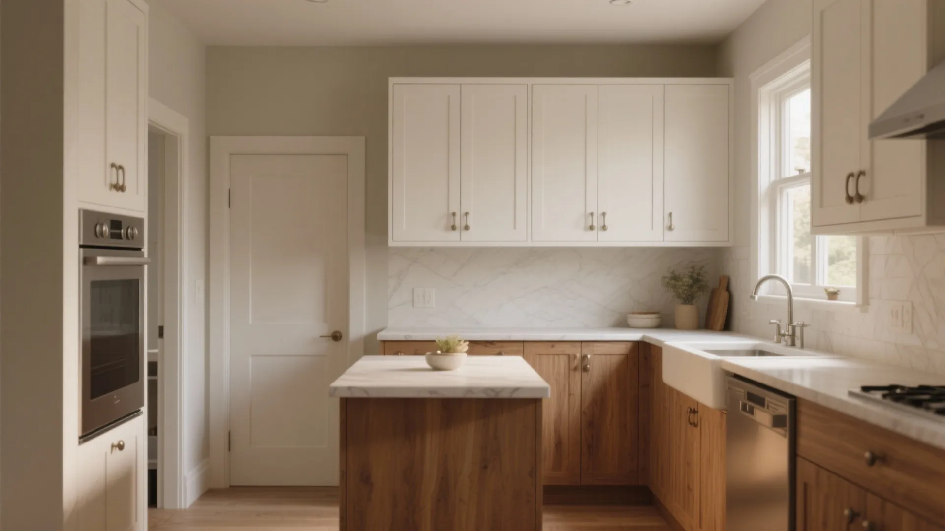 Modern kitchen featuring white upper cabinets wood lower cabinets marble countertop island and white door