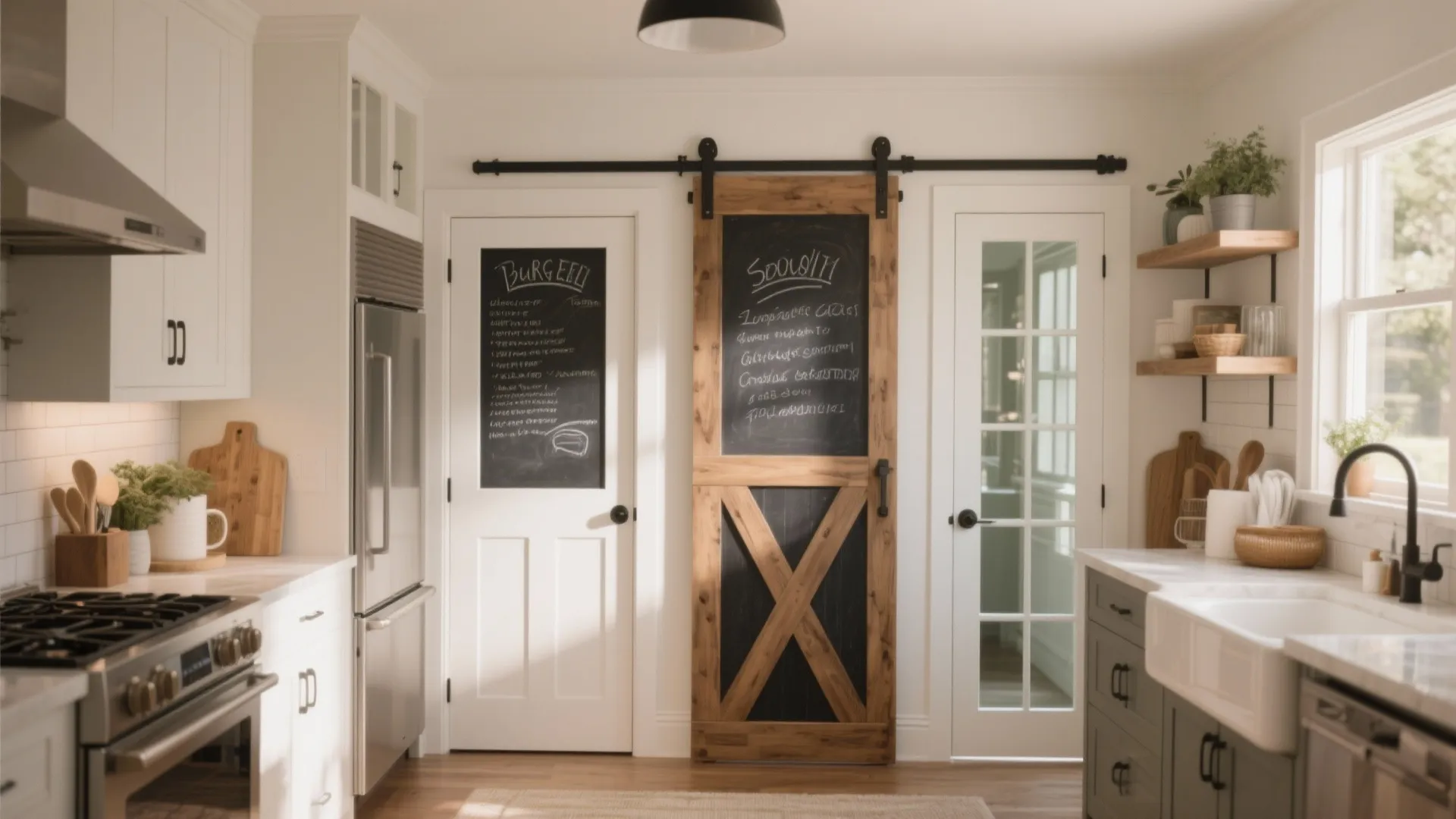 White kitchen featuring a wooden sliding barn door with chalkboard panels and modern silver appliances