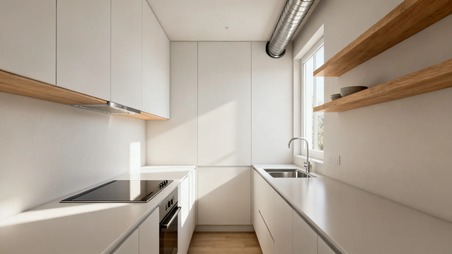 Modern white minimalist kitchen with wooden shelves white cabinets silver metal vent pipe and natural light