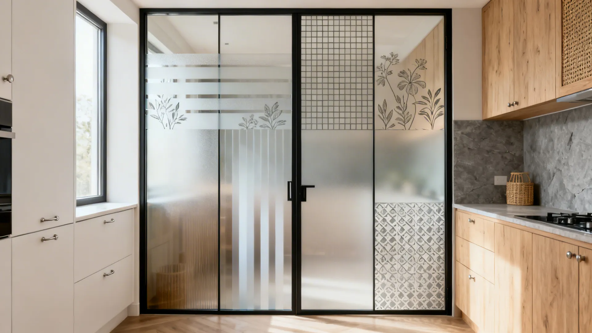 Small kitchen with wood cabinets and sliding glass doors featuring several different decorative etched pattern styles