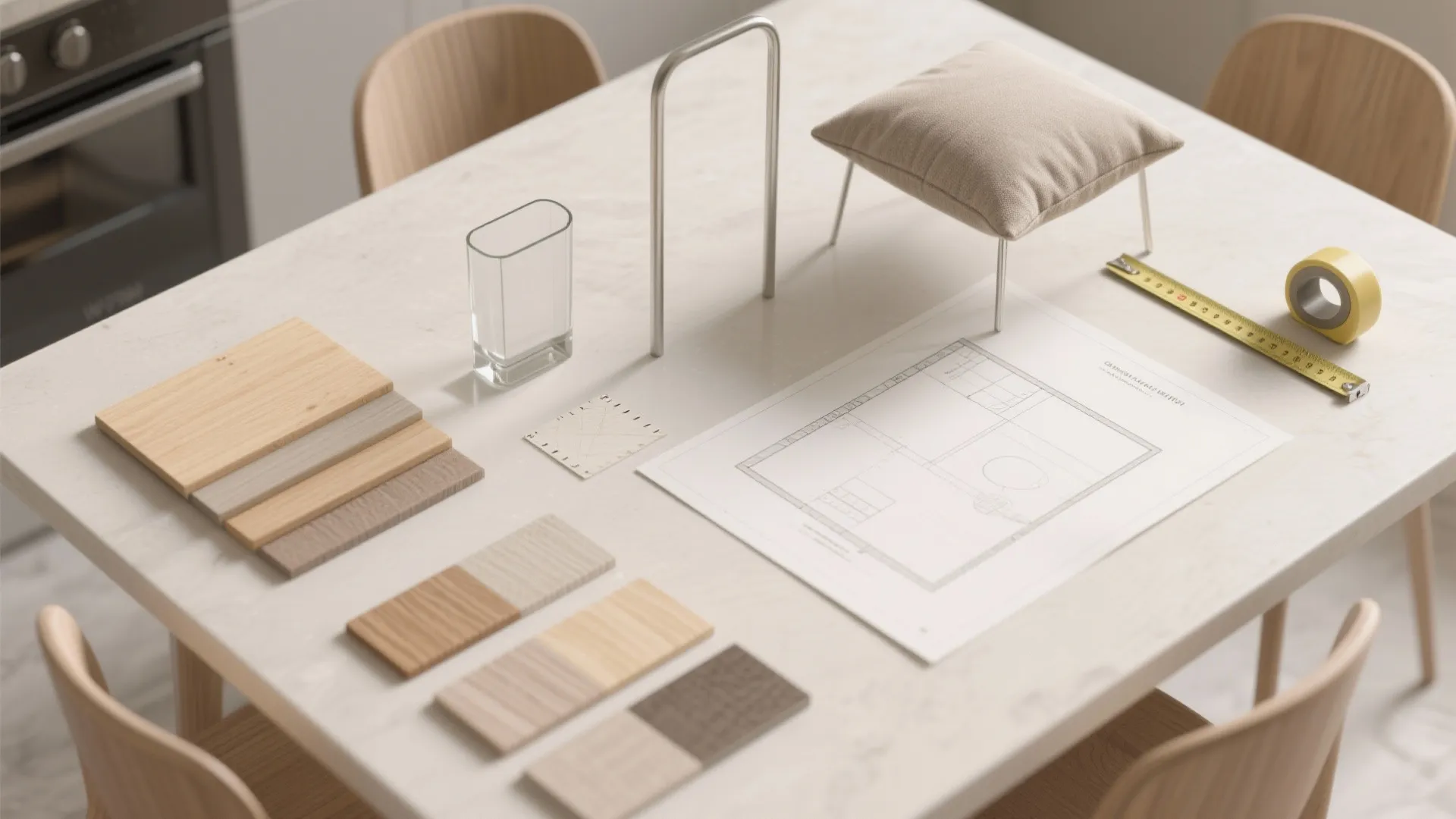 Flatlay of material swatches, measuring tape, and small-scale samples for choosing compact dining furniture.