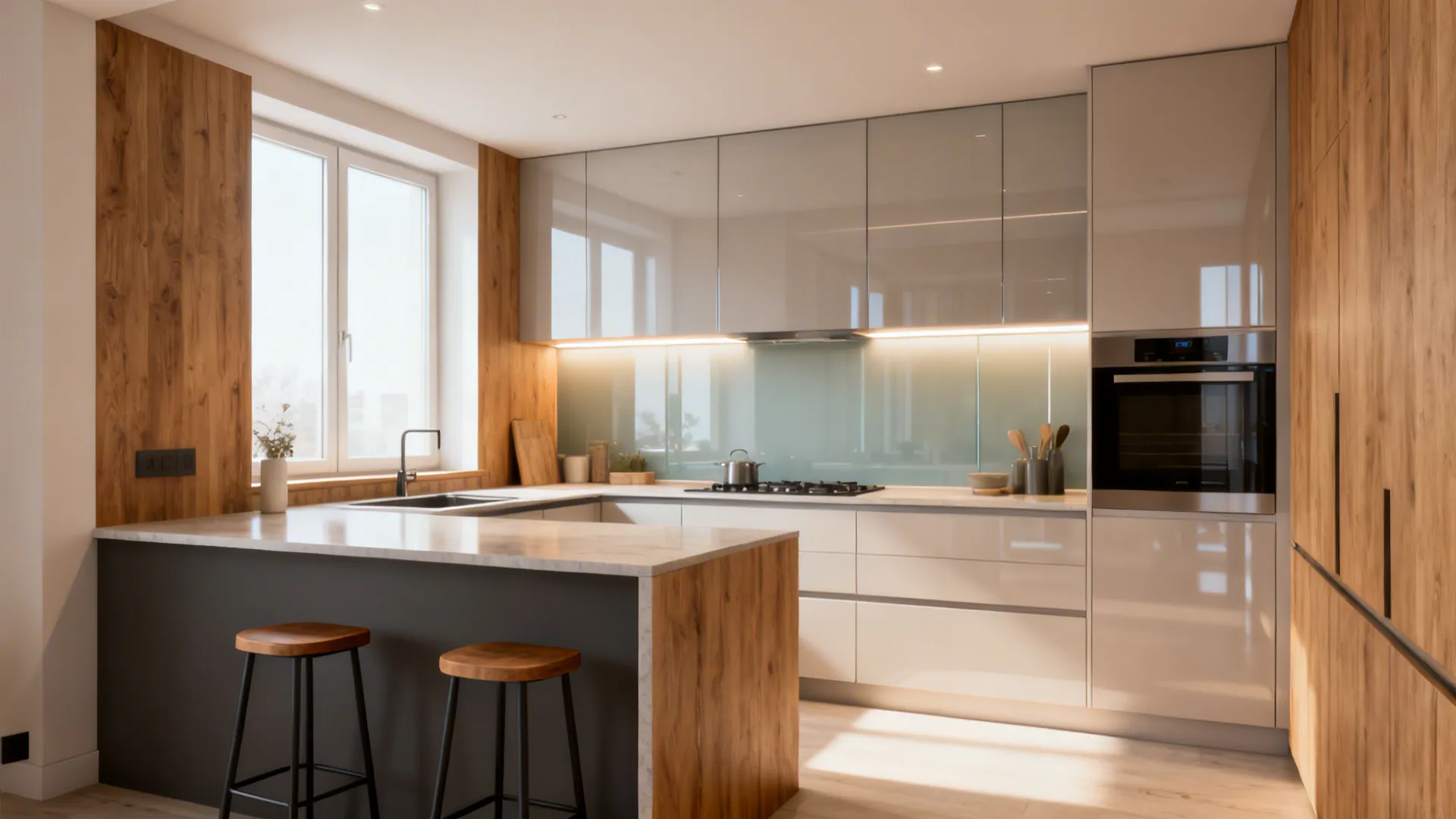 Modern micro-kitchen with L-shaped layout, glass backsplash, layered lighting, and a slim bar for two.