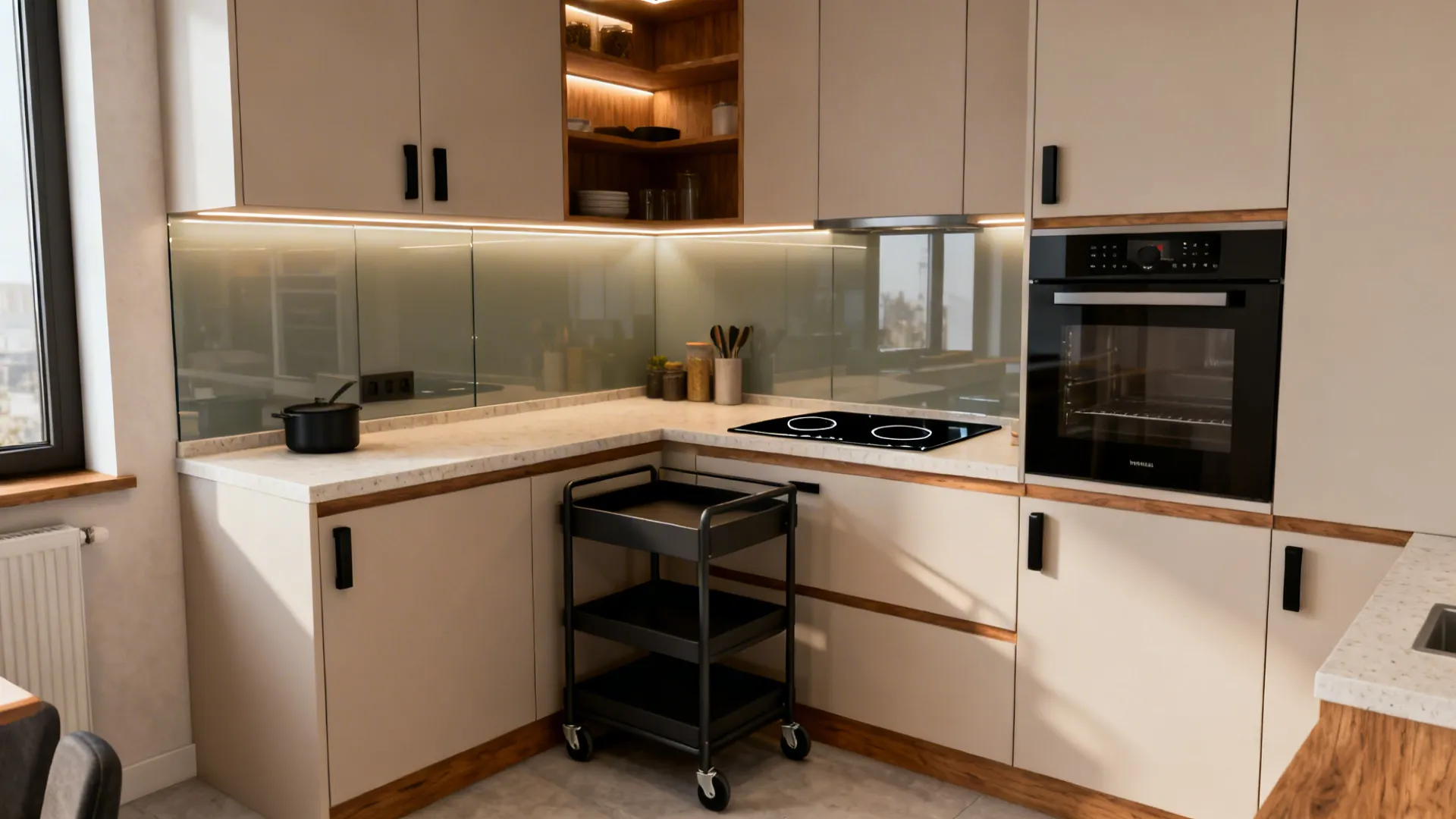 Small modern kitchen showing seamless storage, layered lighting, induction, and a rolling cart.