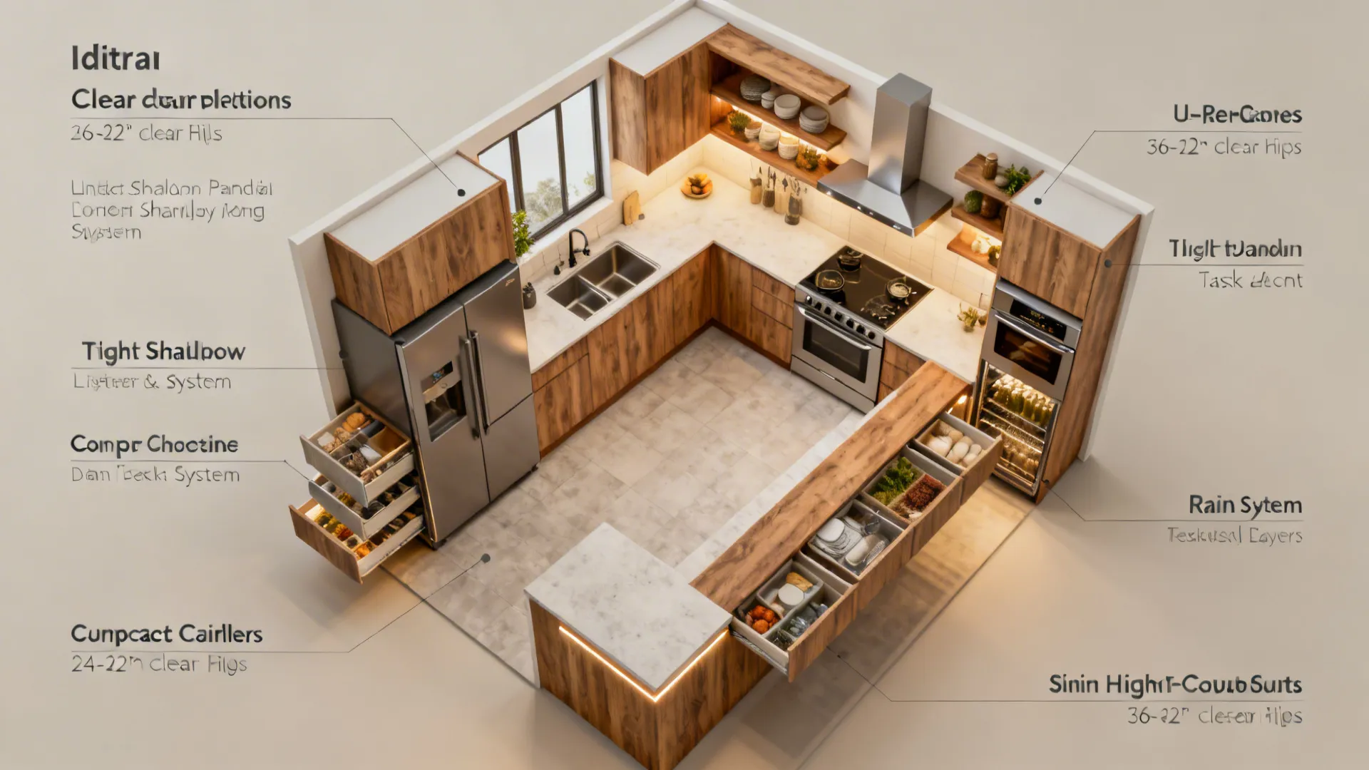 Top down interior design drawing of u-shaped kitchen with wood cabinets and steel appliances layout