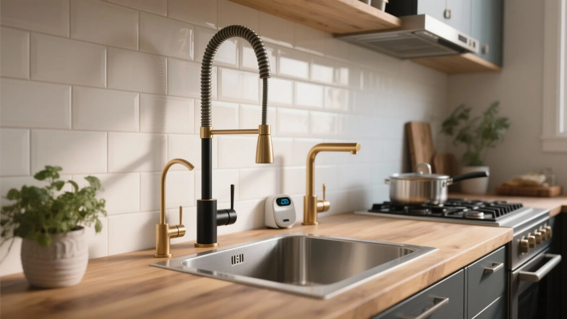 Modern kitchen sink with black and gold flexible faucet and two smaller gold water taps