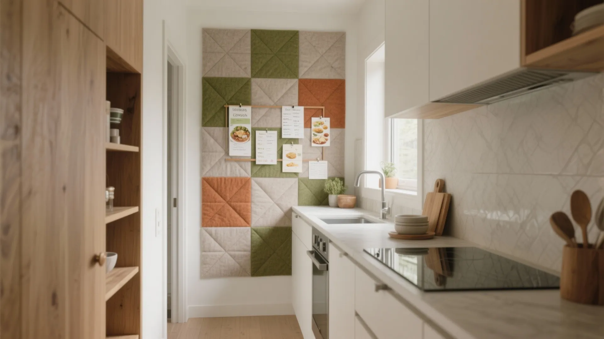 Small kitchen interior with colorful wall panels and notes next to white cabinets and sink