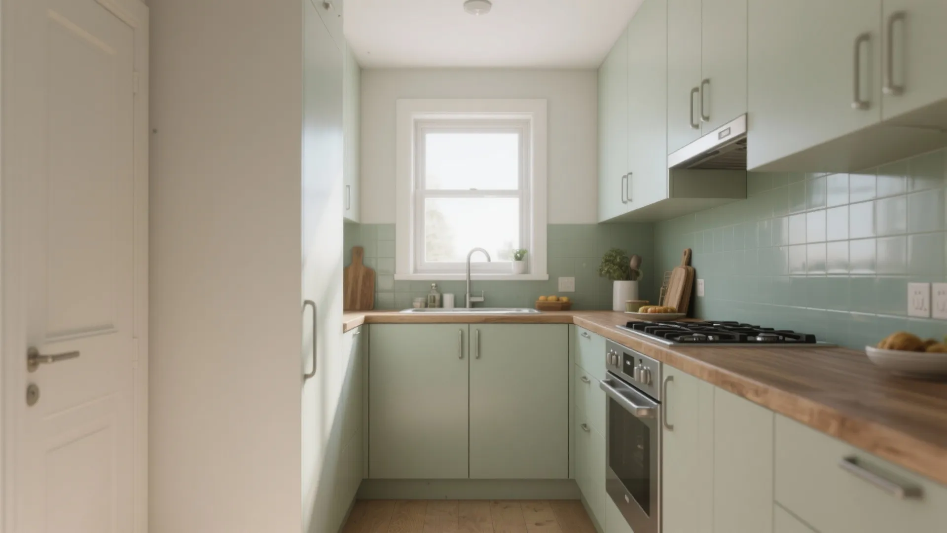 Small green kitchen with wood countertop green tiled backsplash oven and window in the background