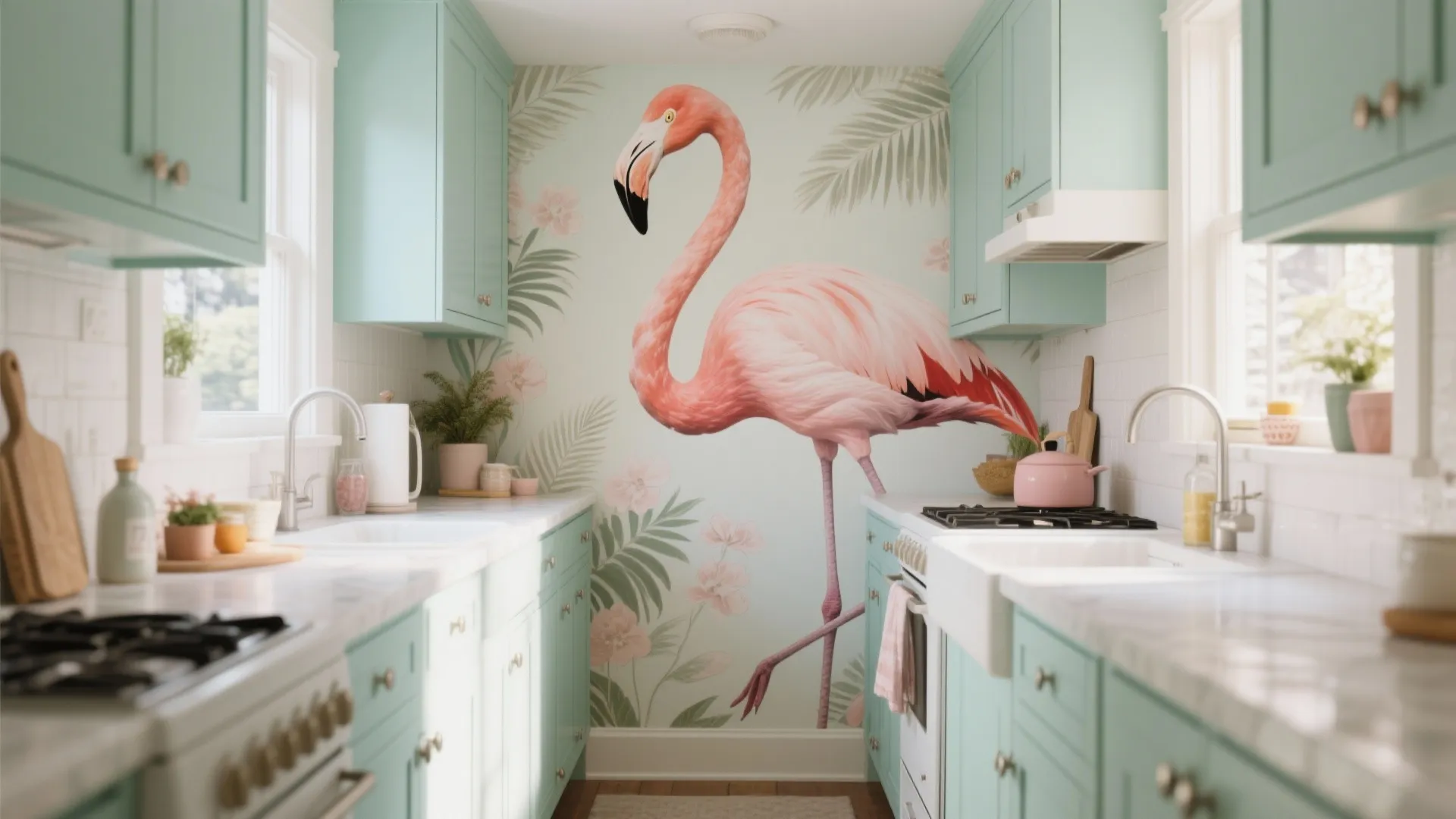 Small galley kitchen with mint green cabinets large flamingo wall mural white countertops and sink