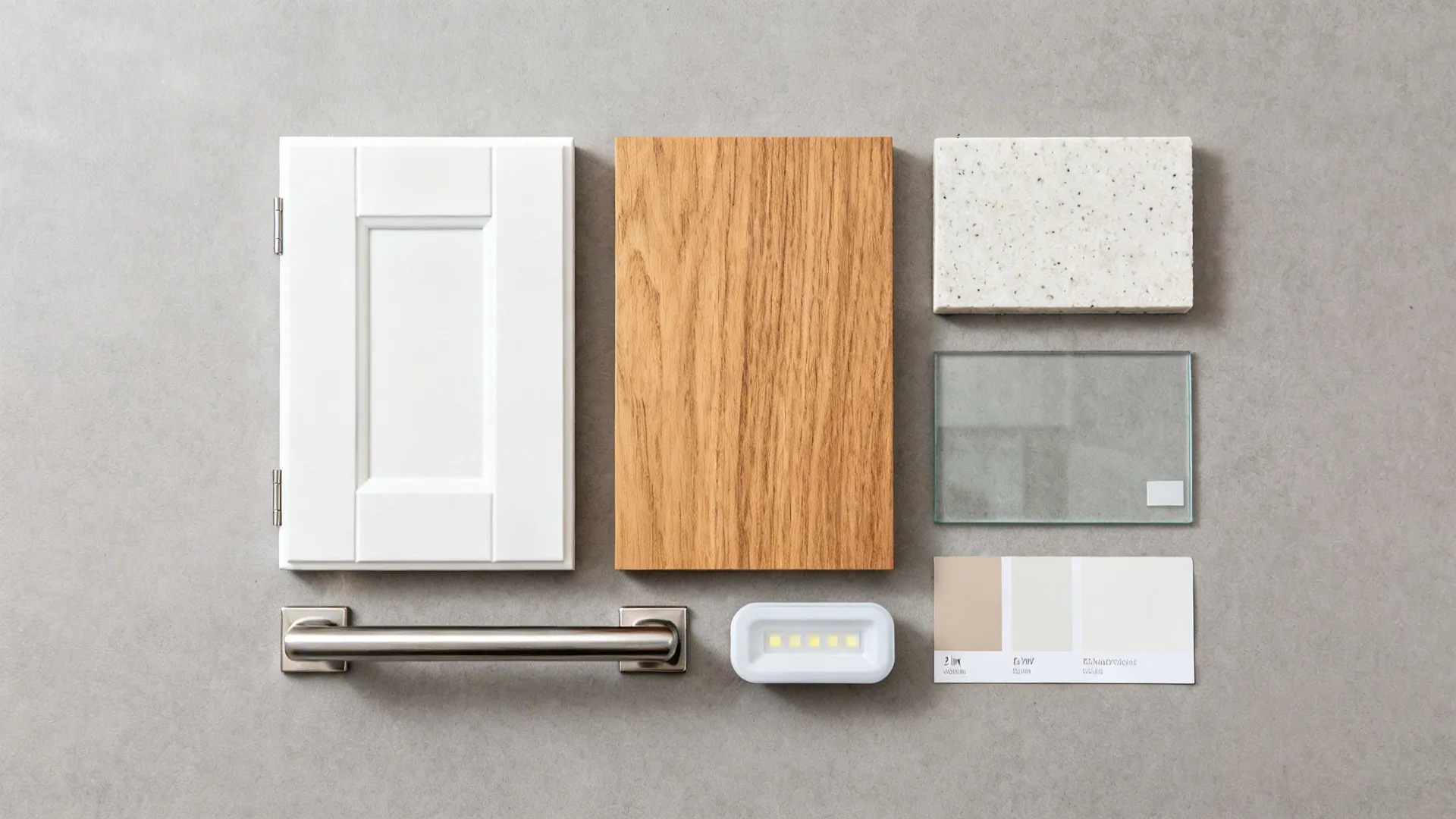 Flat lay of matte white, oak veneer, quartz, low-iron glass, and LED diffuser samples.