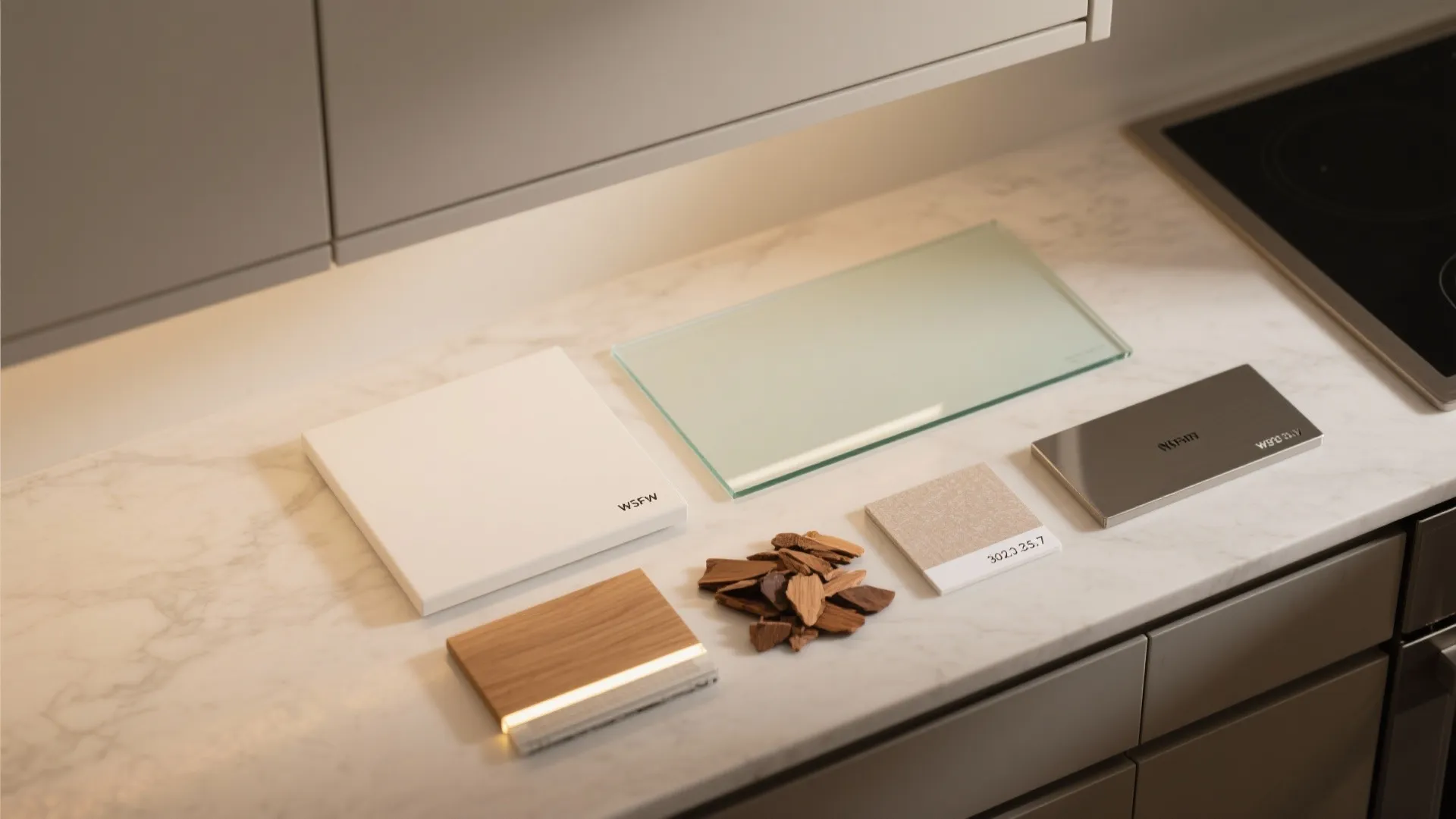 Interior design drawing material samples on marble countertop with wood pieces glass and tile blocks