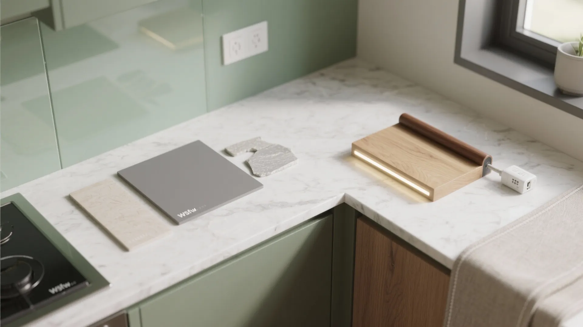Modern kitchen marble countertop showing green wall panels along with material samples and light fixture