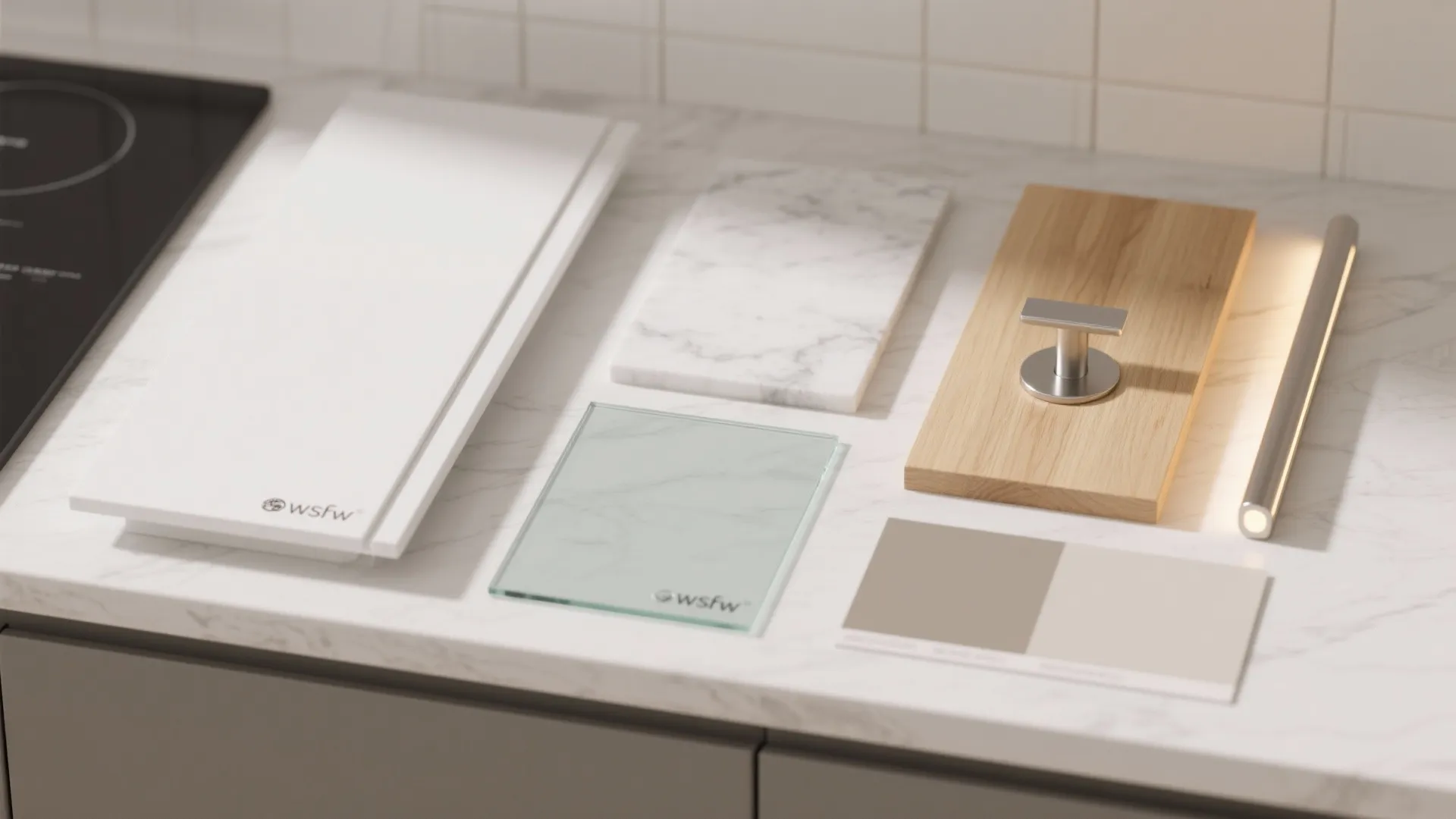 Interior design materials including wood marble glass and color samples on a white stone countertop