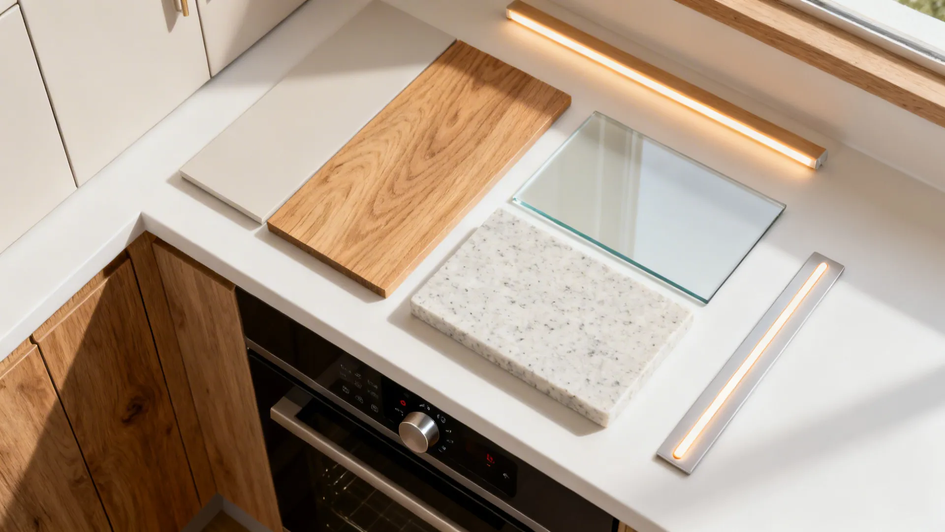 Material flat lay with matte cabinet, oak veneer, glass, quartz, and warm LED strip