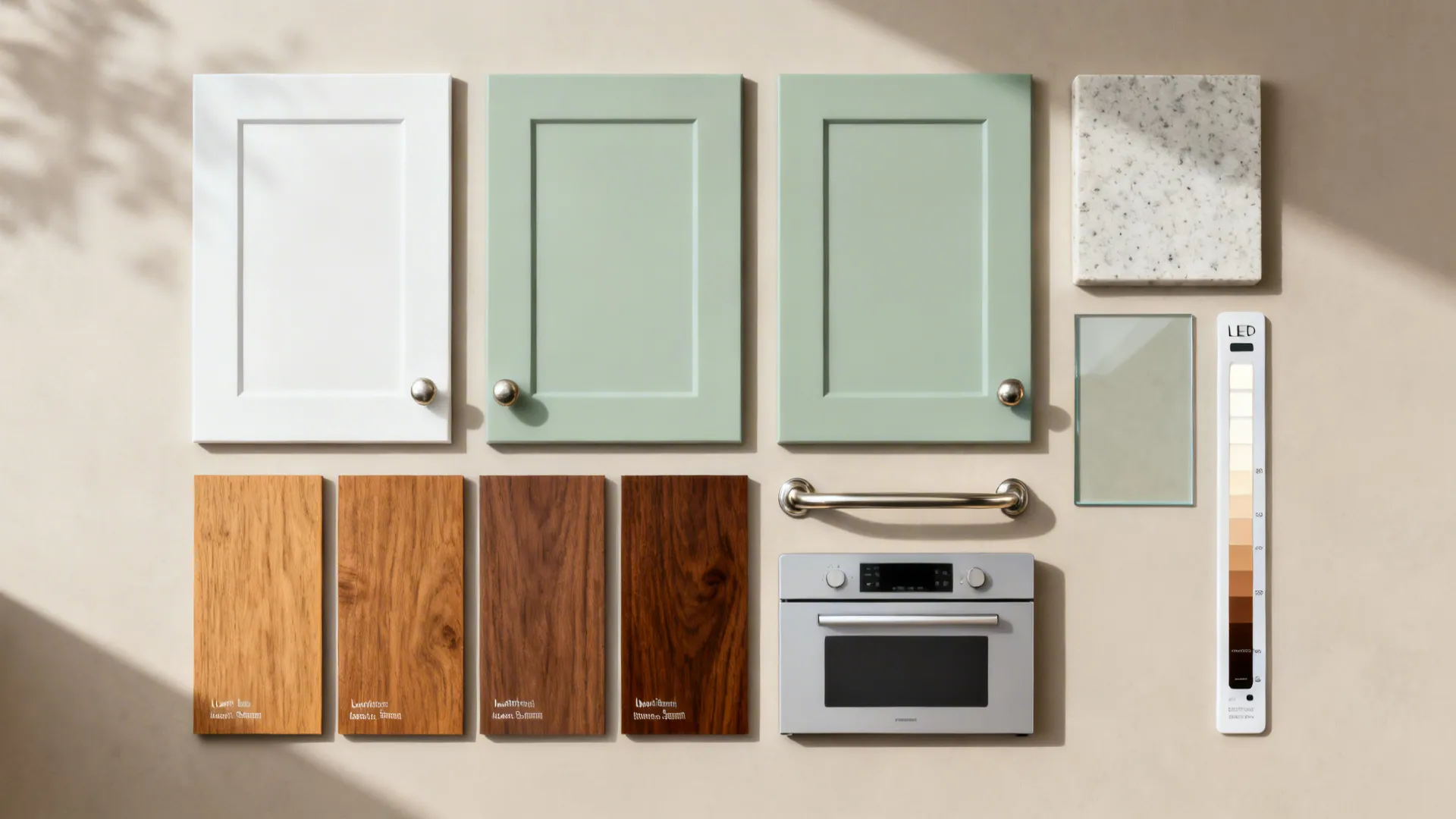 Flat lay of small-kitchen materials: matte whites, sage, glass backsplash, oak and walnut, quartz, and hardware.