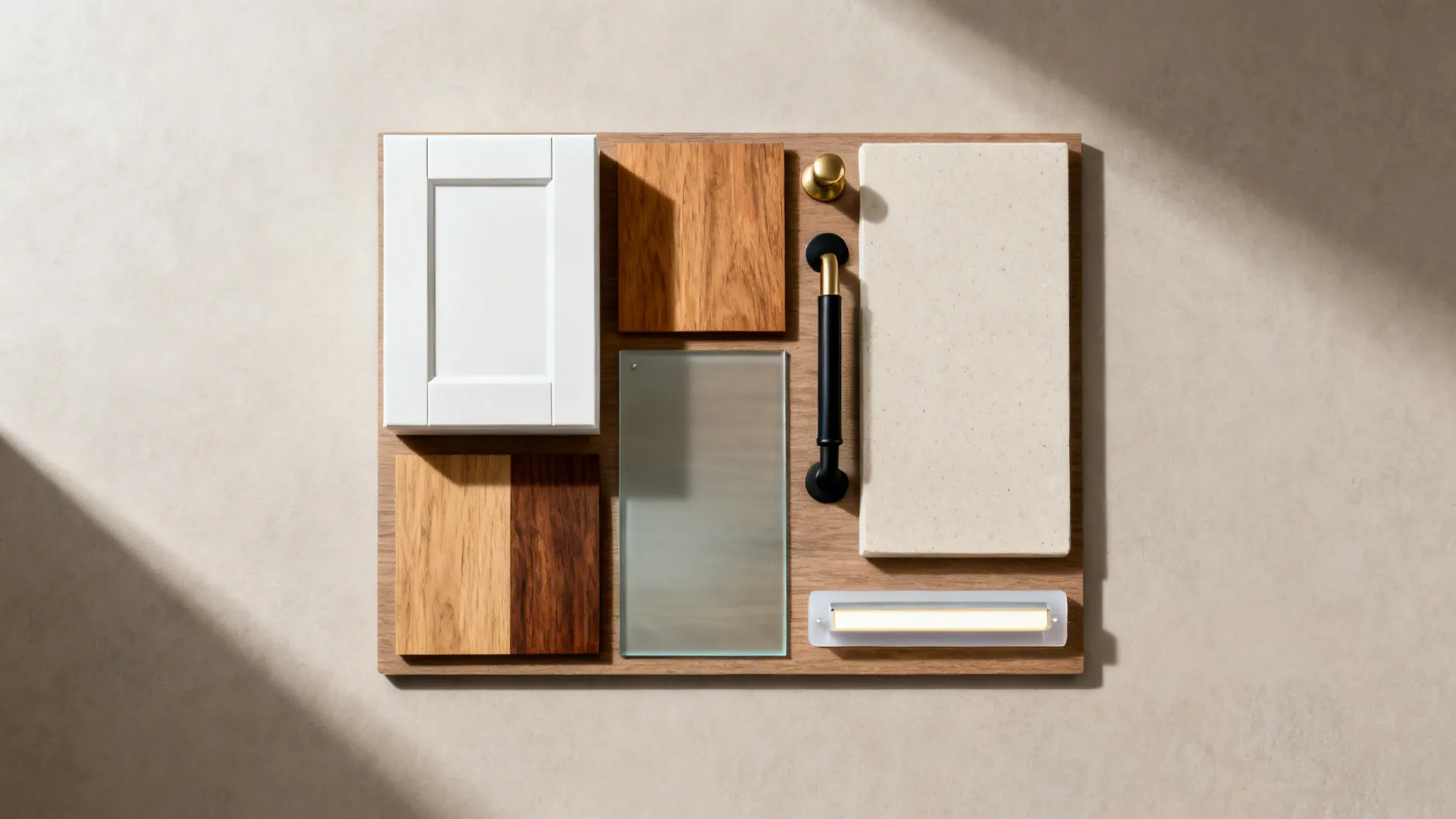 Flat lay of white cabinet, wood veneers, glass panel, hardware, countertop, and LED channel samples.