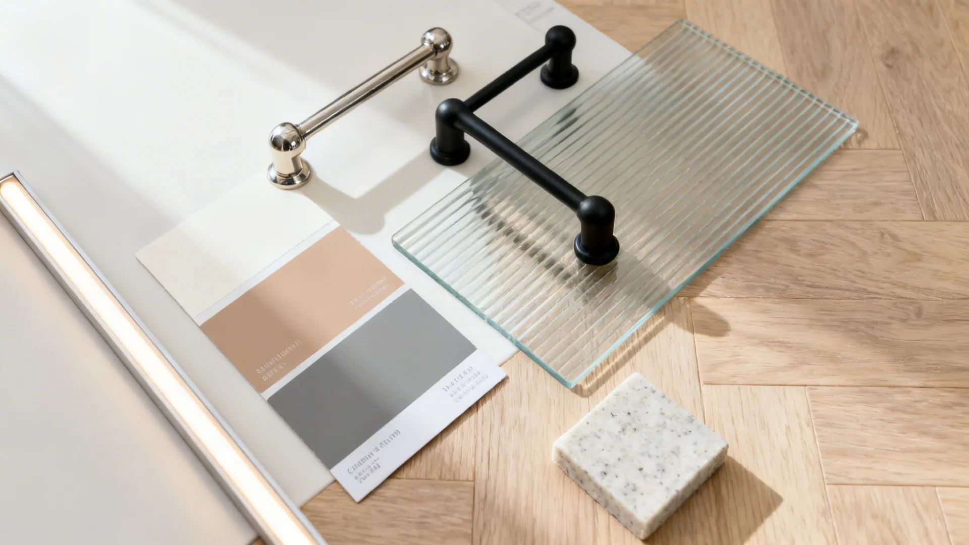 Flat lay of cabinet finishes, pulls, reeded glass, flooring, and quartz for a small kitchen.