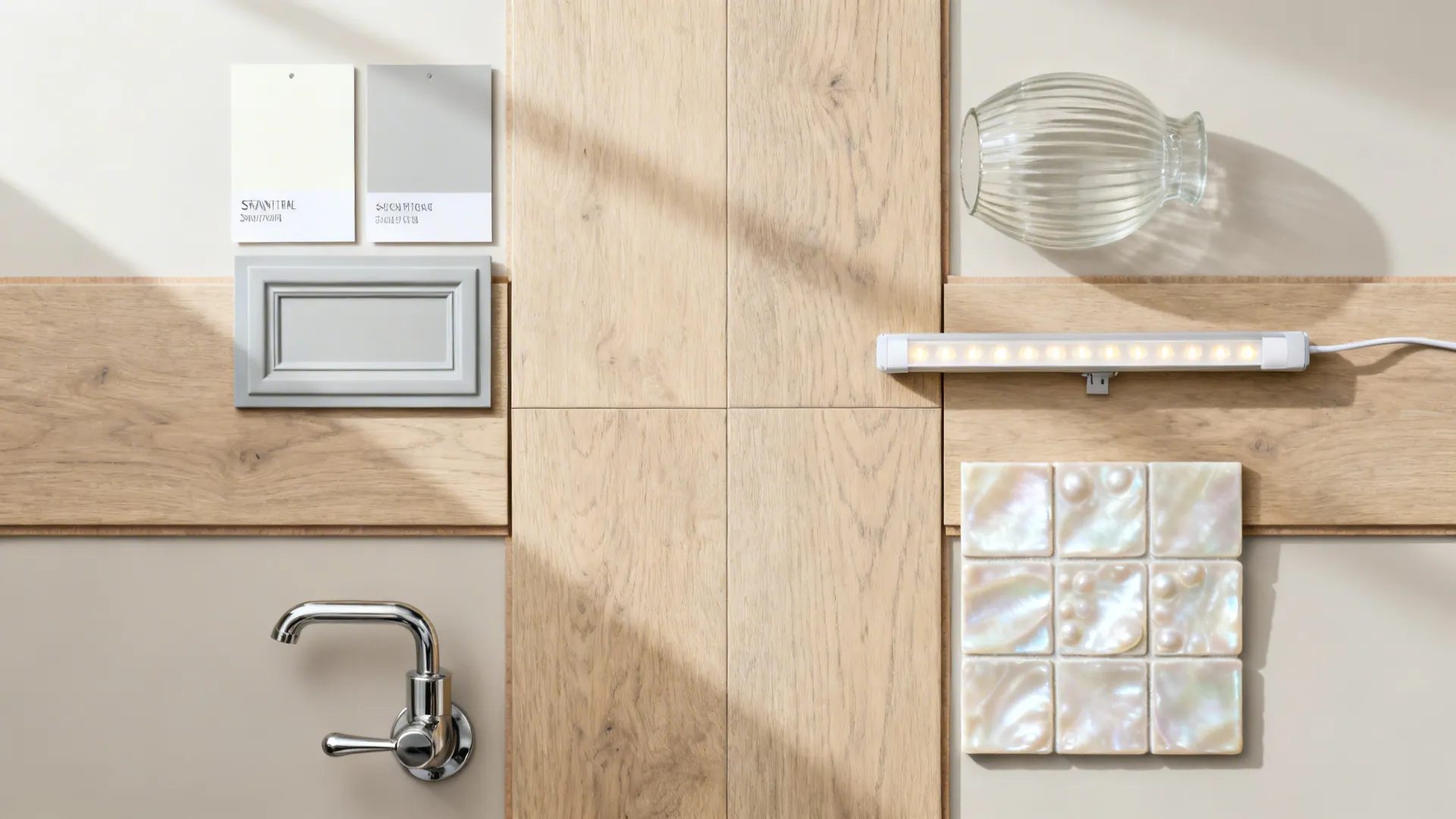 Flat lay of warm white and pale grey cabinet finishes, reeded glass, glossy tile, hardware, LED strip, and oak floor.