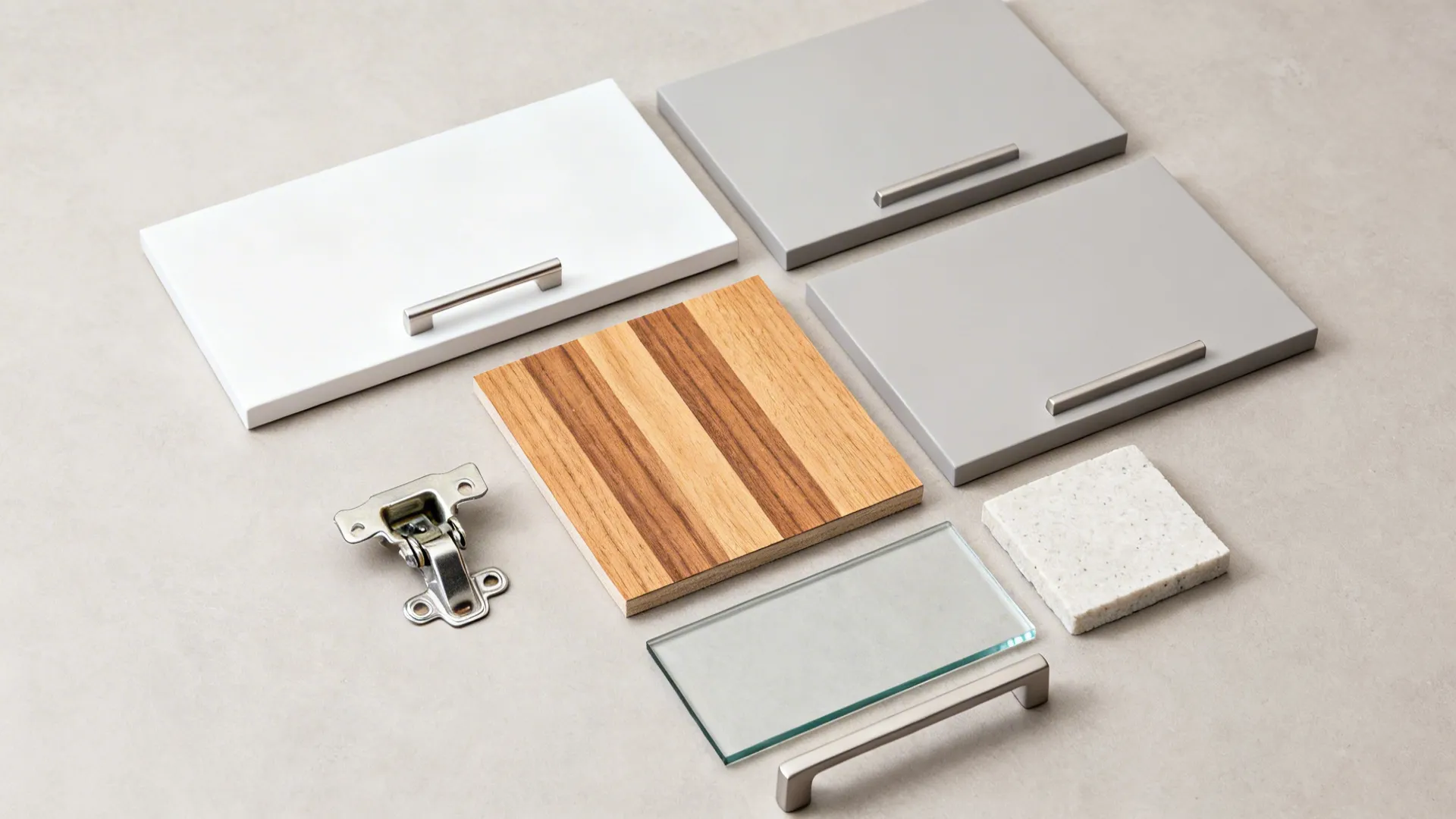 Flat-lay of matte light cabinet samples, warm oak veneer, glass, quartz, and slim hardware.