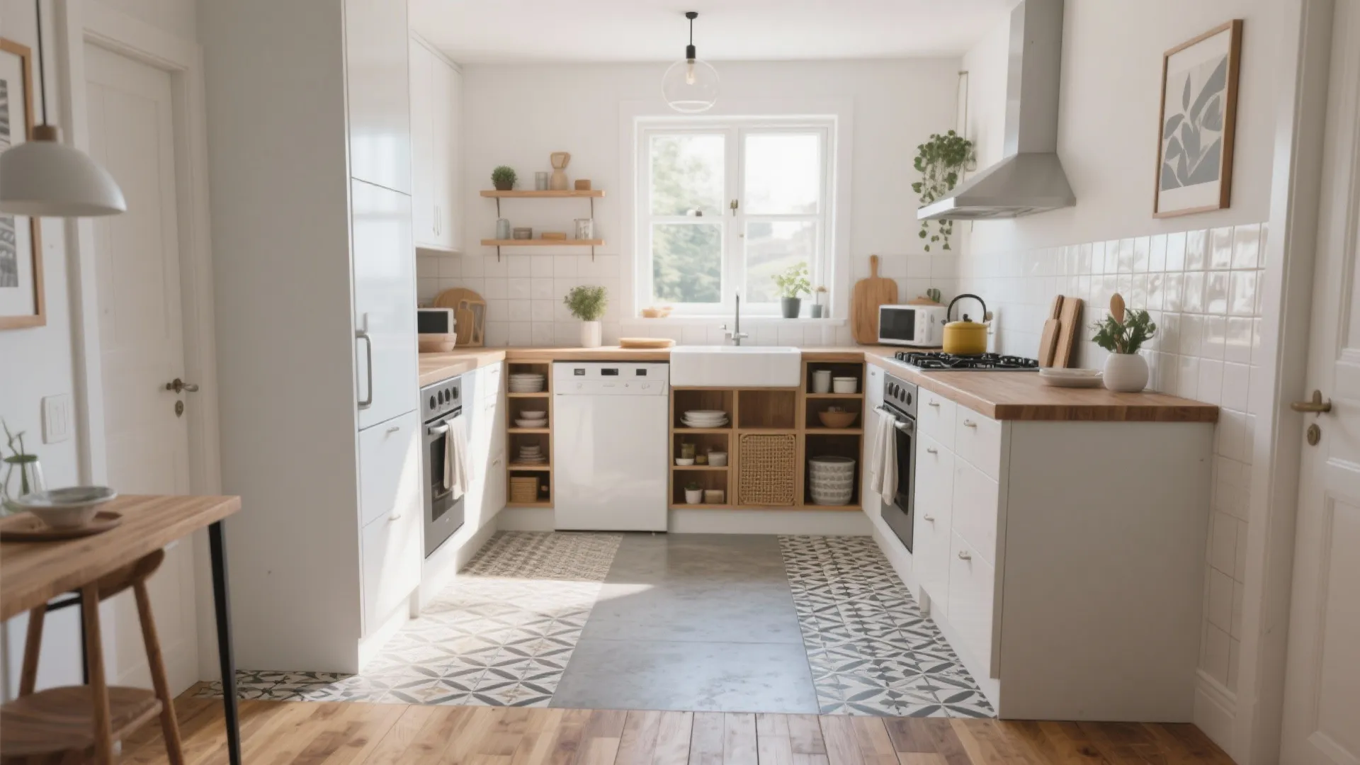 Small u-shaped kitchen with white cabinets wooden countertops patterned floor tiles and a bright window
