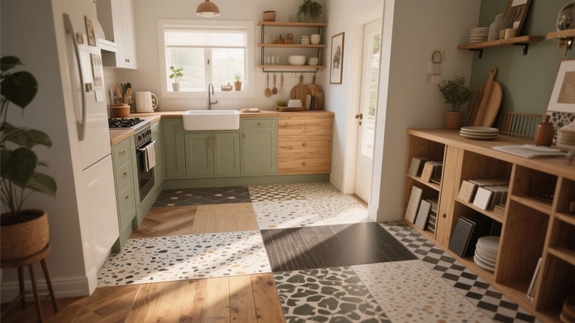Modern kitchen with green cabinets wooden countertops and unique mixed pattern tile flooring in various colors