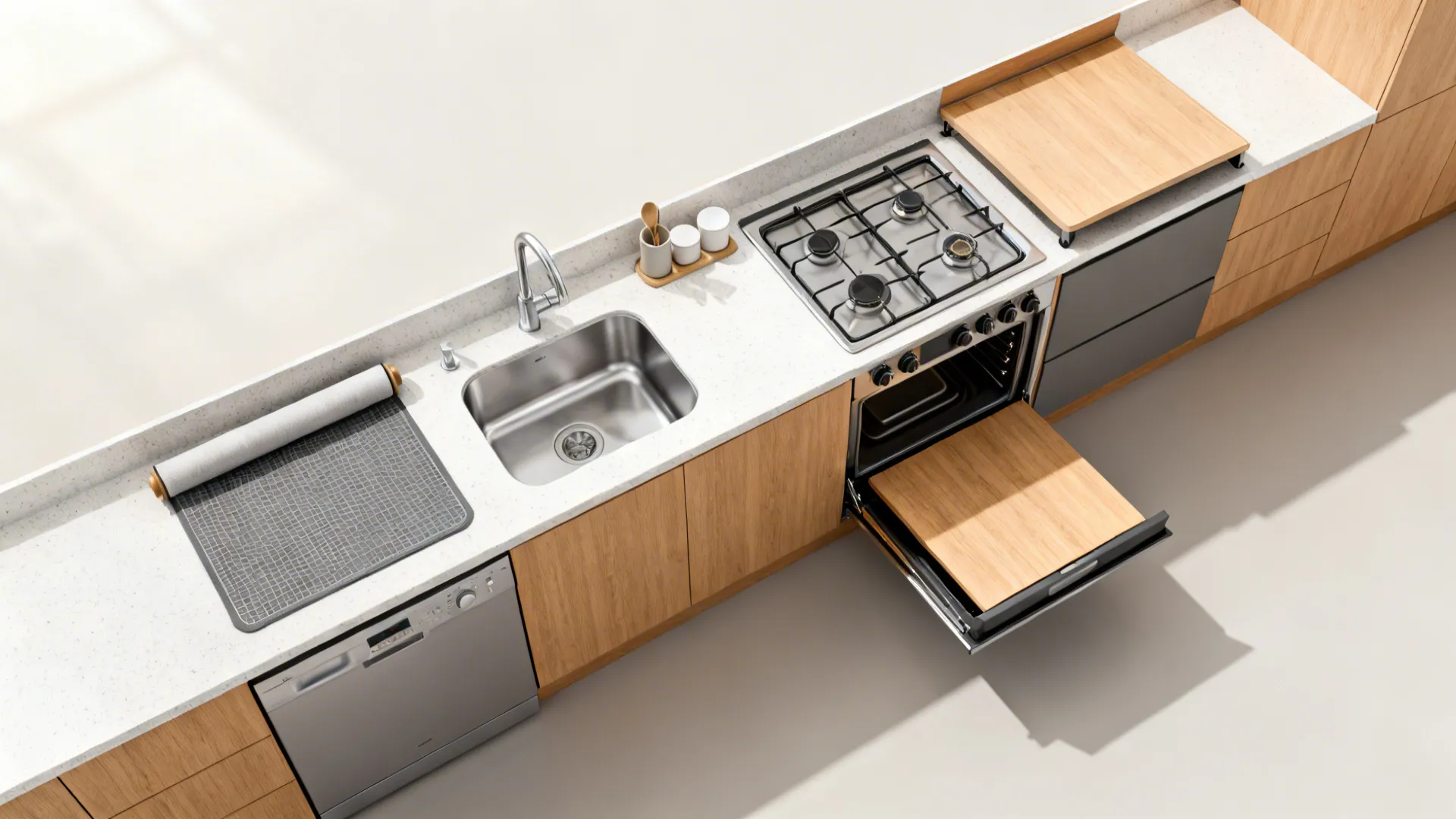Top view of kitchen counter with sink gas stove open oven and light wood cabinets