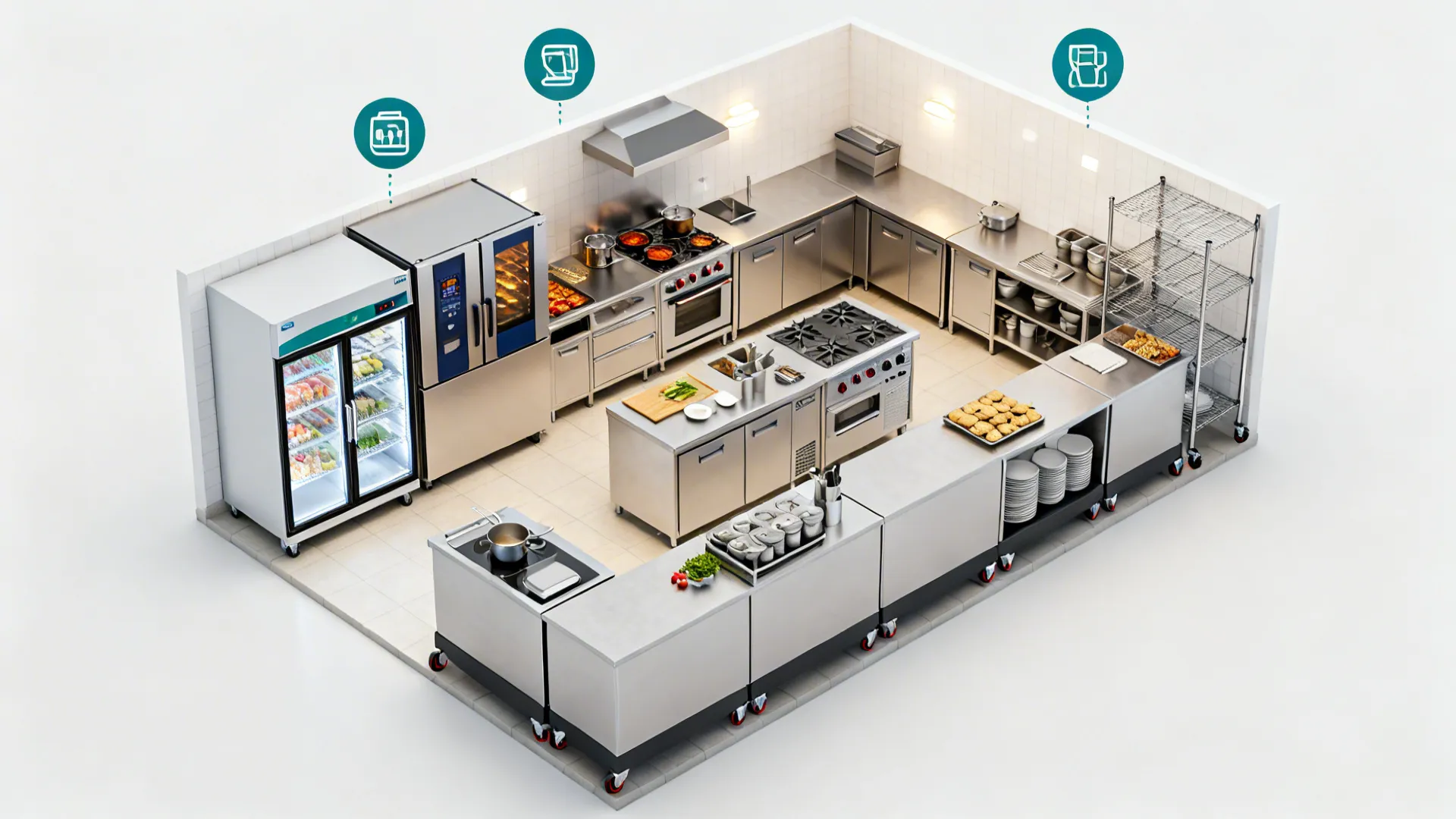 Top-down view of a compact kitchen with clockwise flow and separated dish return.