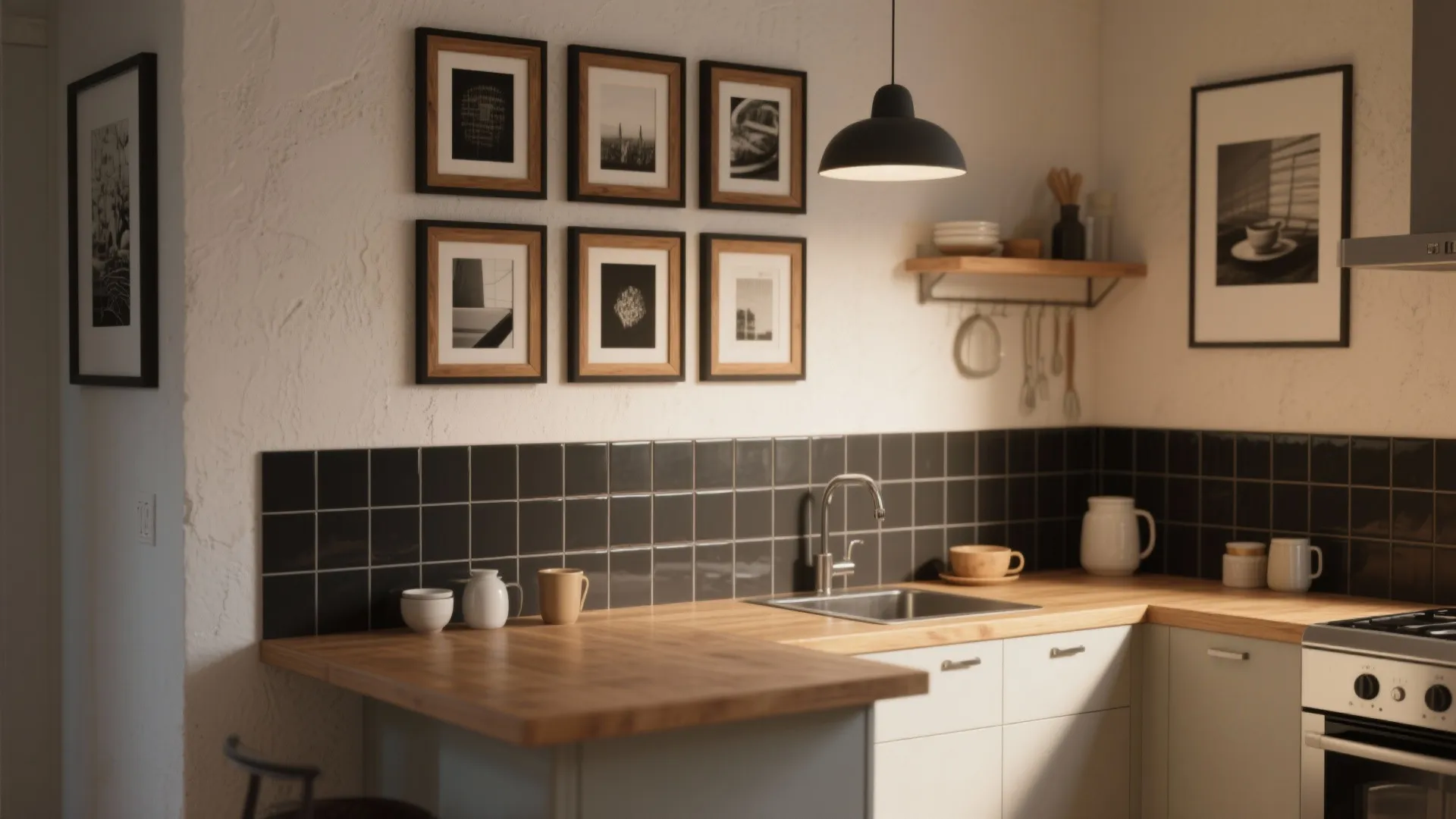 Modern kitchen with wood countertop black tiled backsplash ceiling light and black and white art