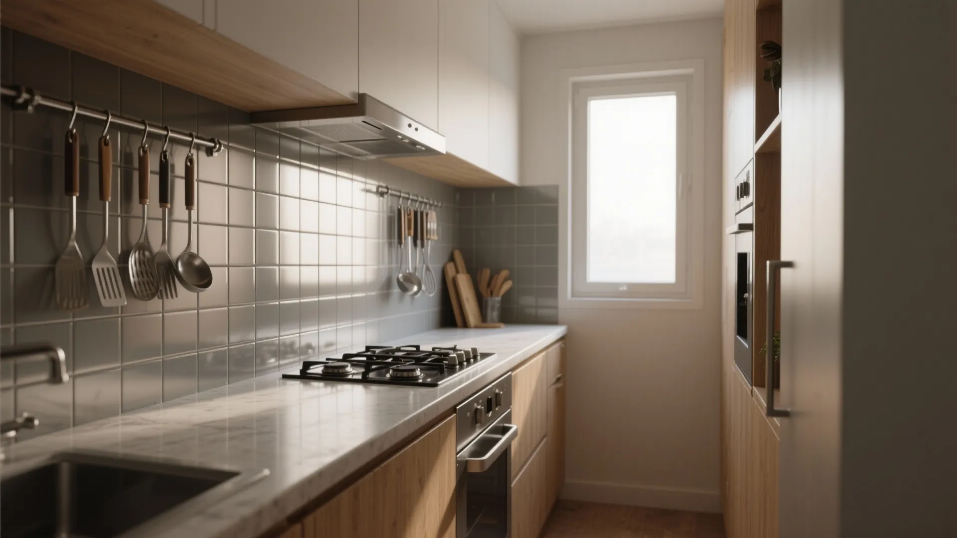 Small galley kitchen design with wood cabinets and grey wall tiles under bright window light