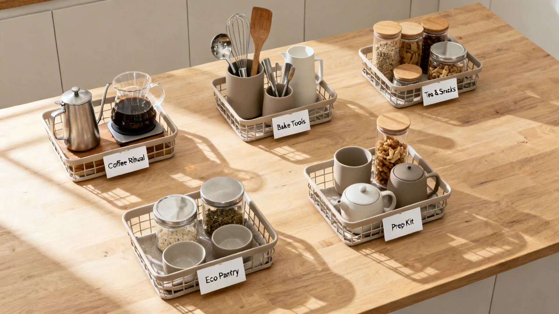 Wooden kitchen island with five labeled baskets containing coffee sets baking tools and various jars