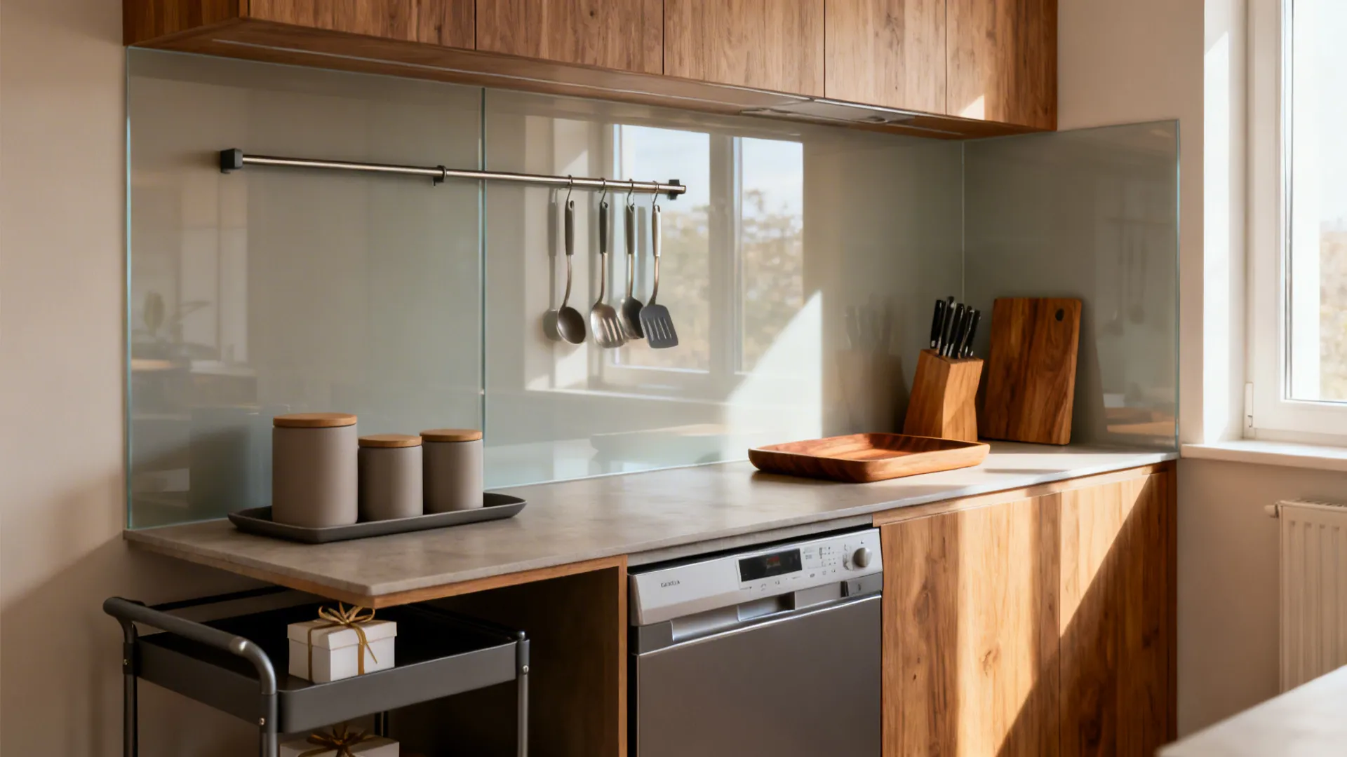 Kitchen interior featuring wood cabinets gray storage jars wooden tray hanging utensils and silver dishwasher