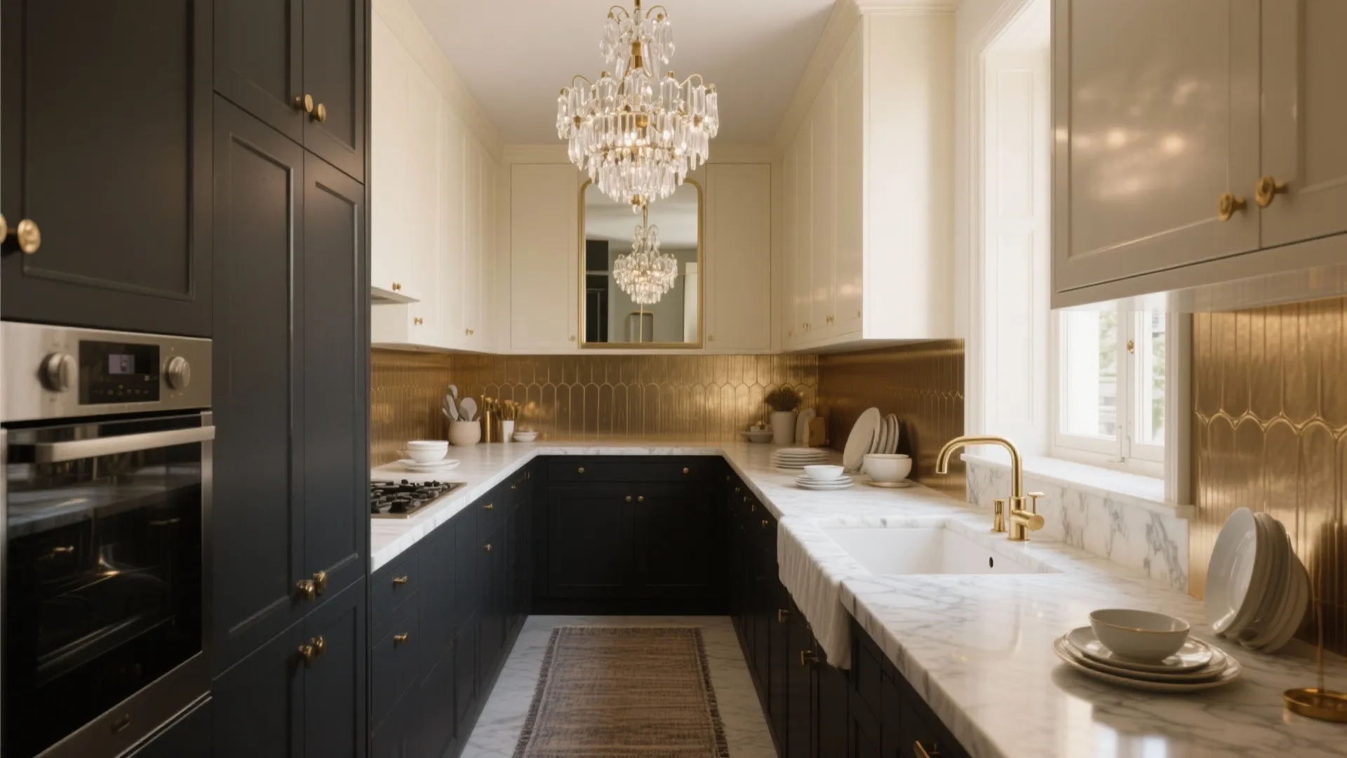 Modern kitchen with black cabinets, marble countertops, gold backsplash, and a decorative crystal ceiling light