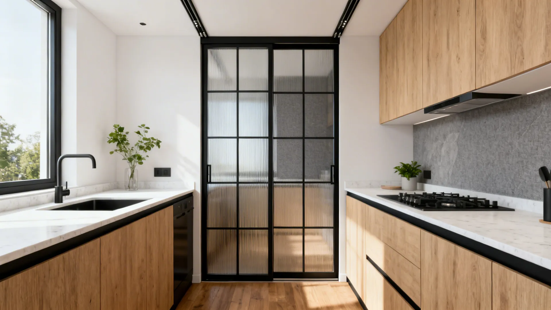 Modern kitchen with wood cabinets white counters and black framed glass sliding door in center