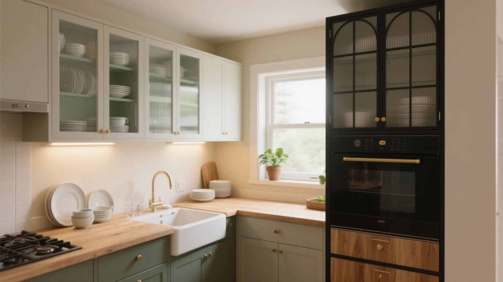 Modern kitchen with green cabinets wooden countertop white sink black oven and bright window light