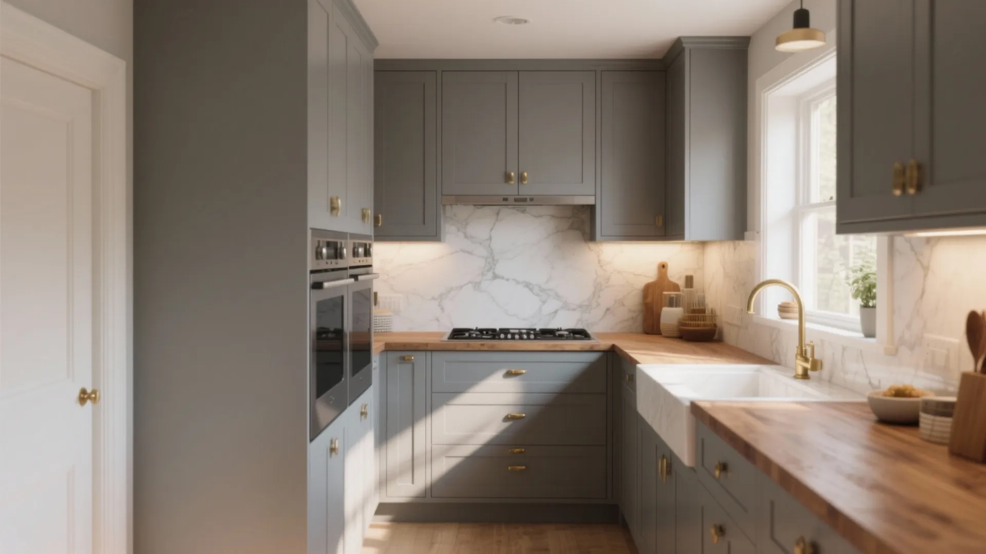 Modern small kitchen with grey cabinets marble backsplash wooden countertop white sink and gold faucet hardware