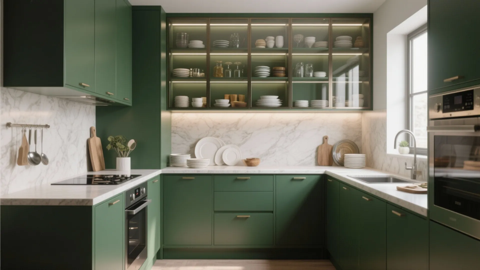 Small kitchen with deep olive-green cabinets, reflective open shelving, and under-cabinet lighting to keep the space bright.