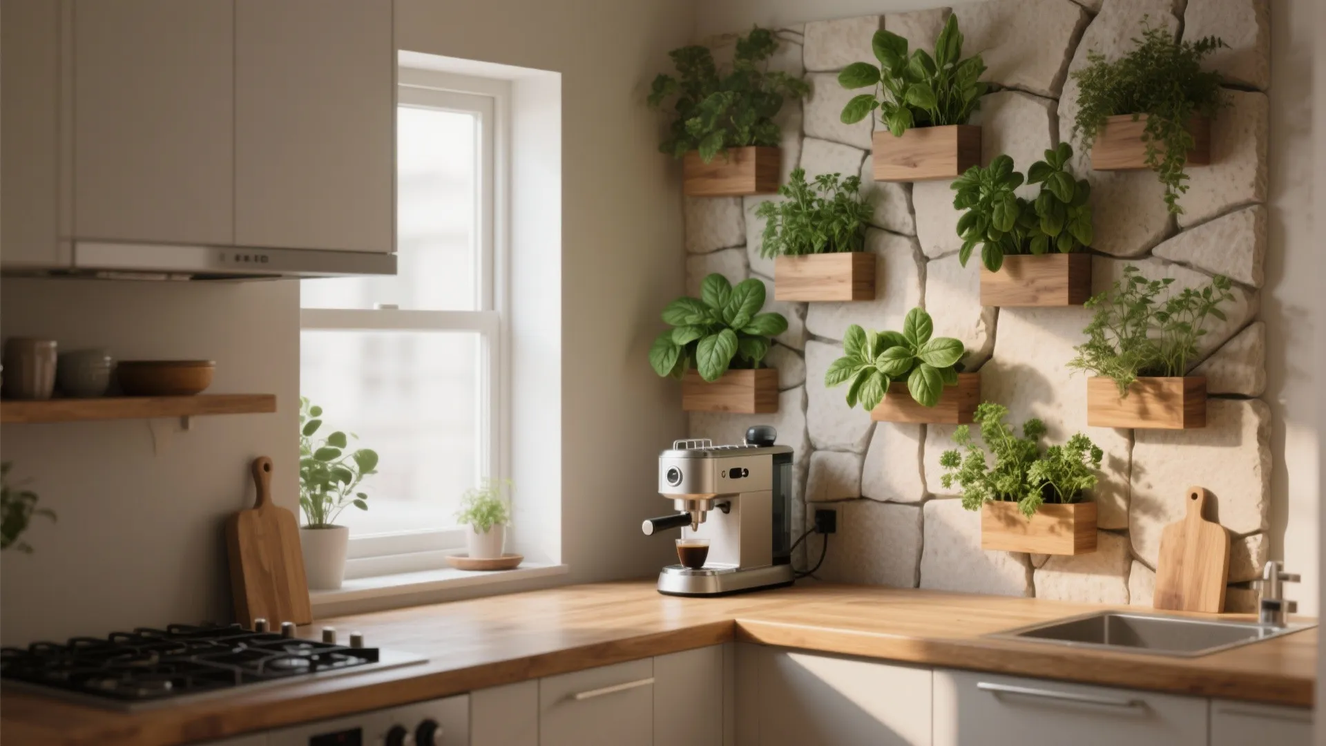 Kitchen interior with wooden countertop and a stone wall featuring many small wooden plant boxes