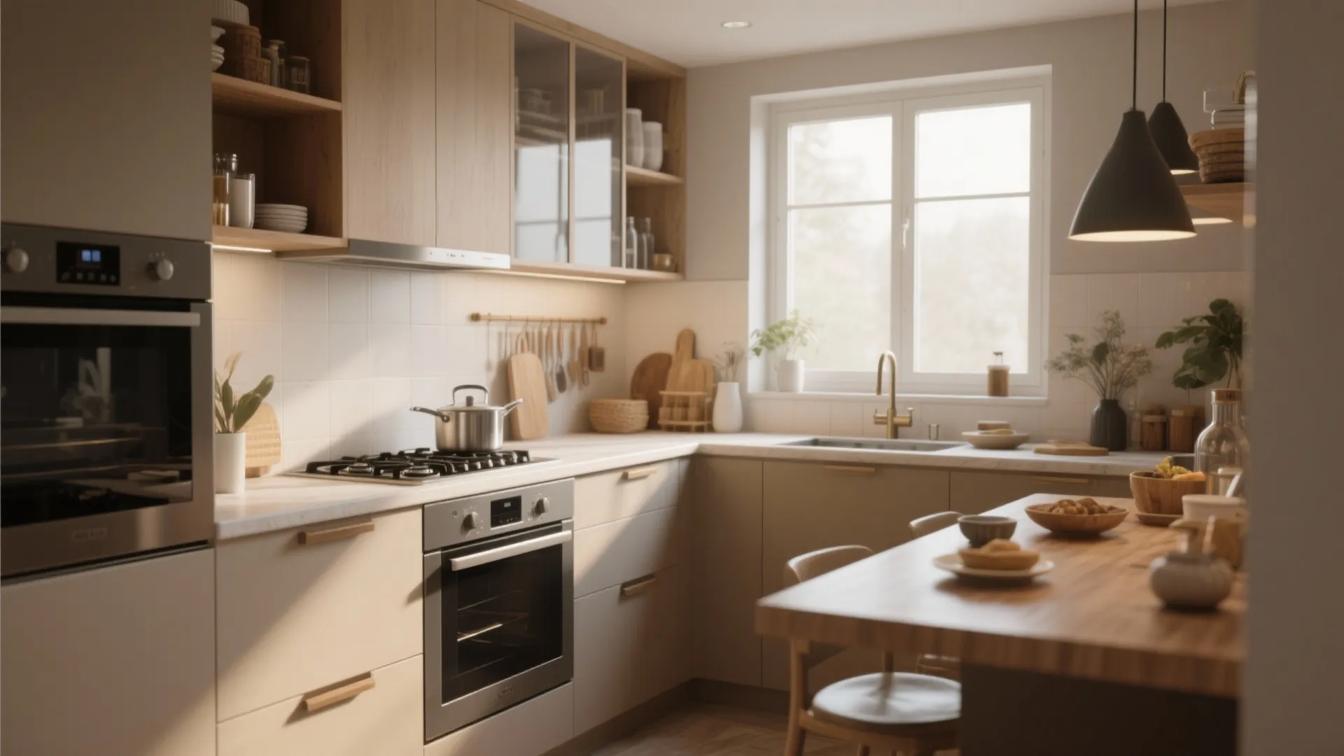 Modern kitchen with beige cabinets, wooden dining table, black ceiling lights, white window, and oven