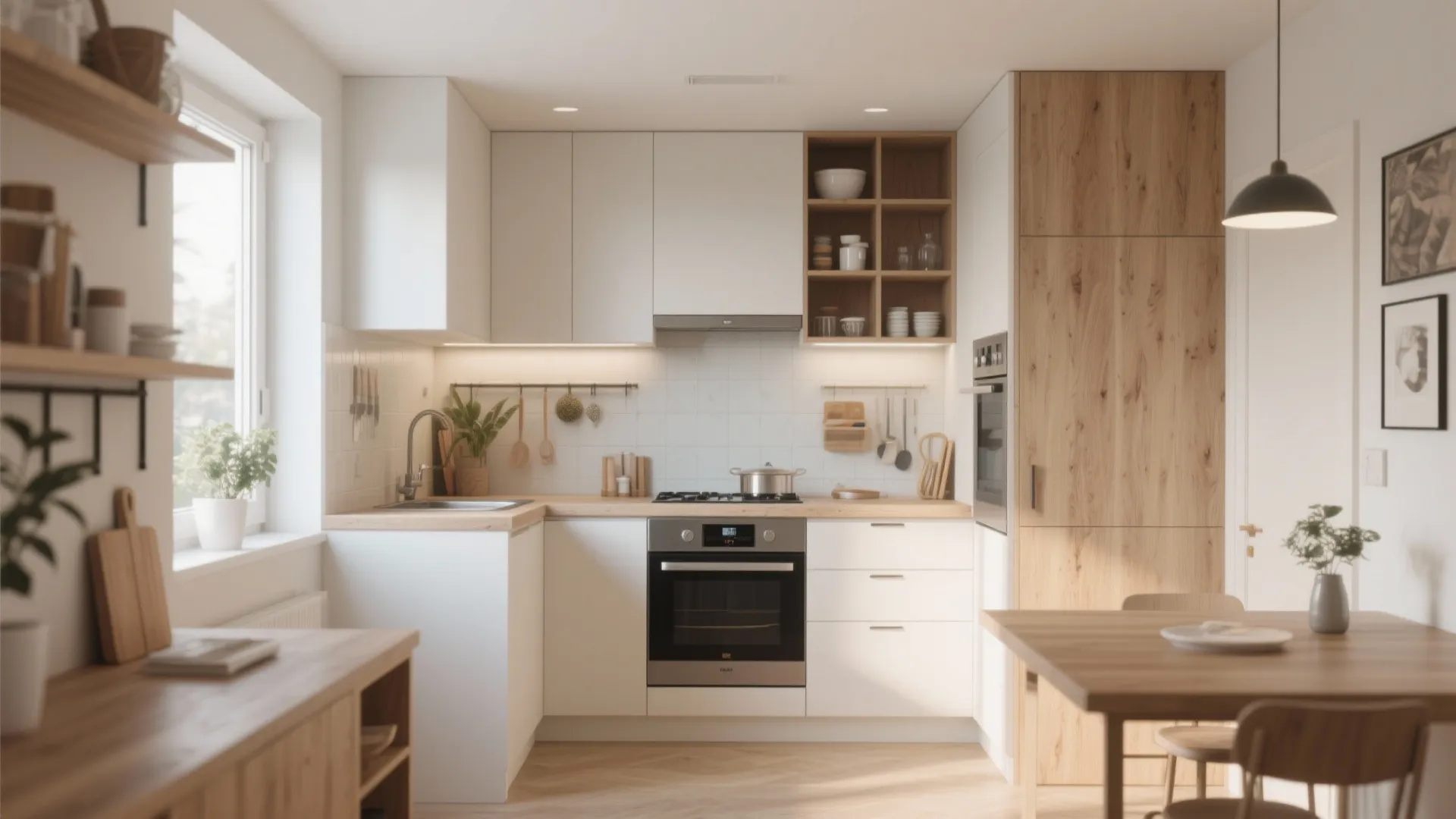 Modern small kitchen with white cabinets wood countertops oven ceiling light and light wood floor