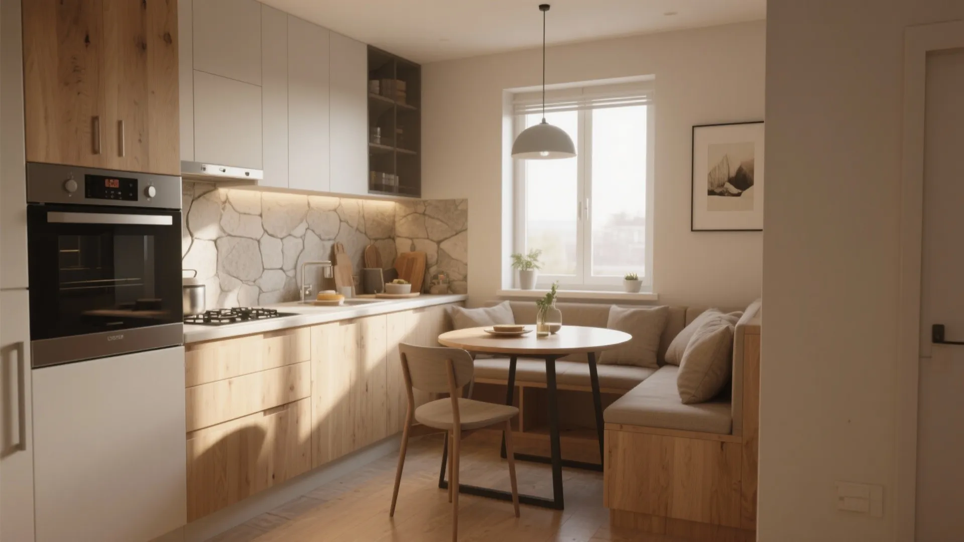 Small kitchen with wood cabinets and a round dining table with a grey wall bench