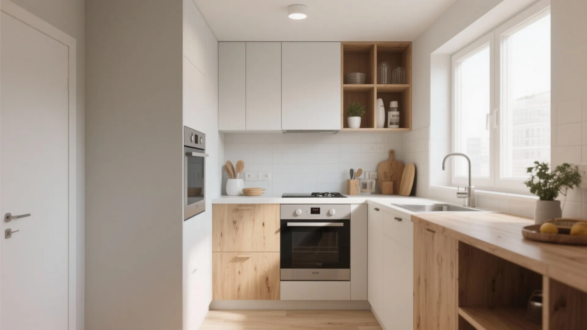 Modern small L-shaped kitchen featuring white cabinets wooden lower drawers oven sink and natural light