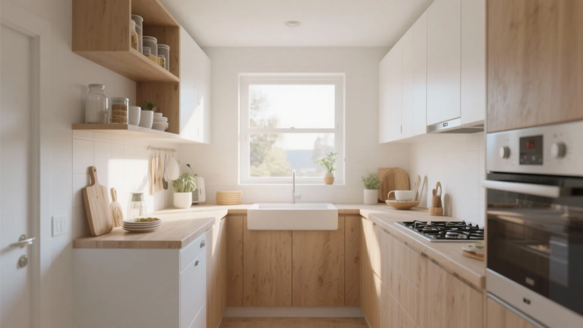 Small modern kitchen with wooden cabinets white countertops large window sink oven and bright natural light