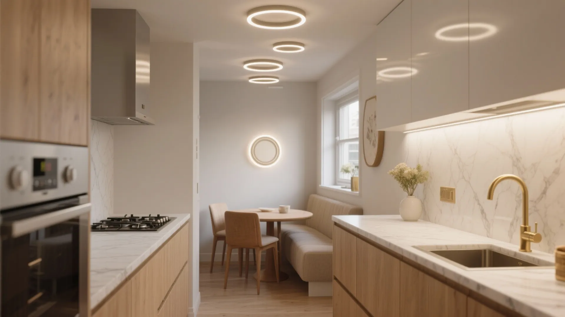 Bright small kitchen with wooden cabinets marble countertops and several round warm white ceiling light fixtures
