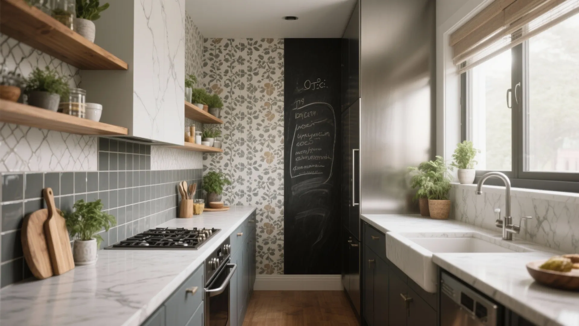 Narrow kitchen with marble countertops grey cabinets open wooden shelves and a black chalkboard wall