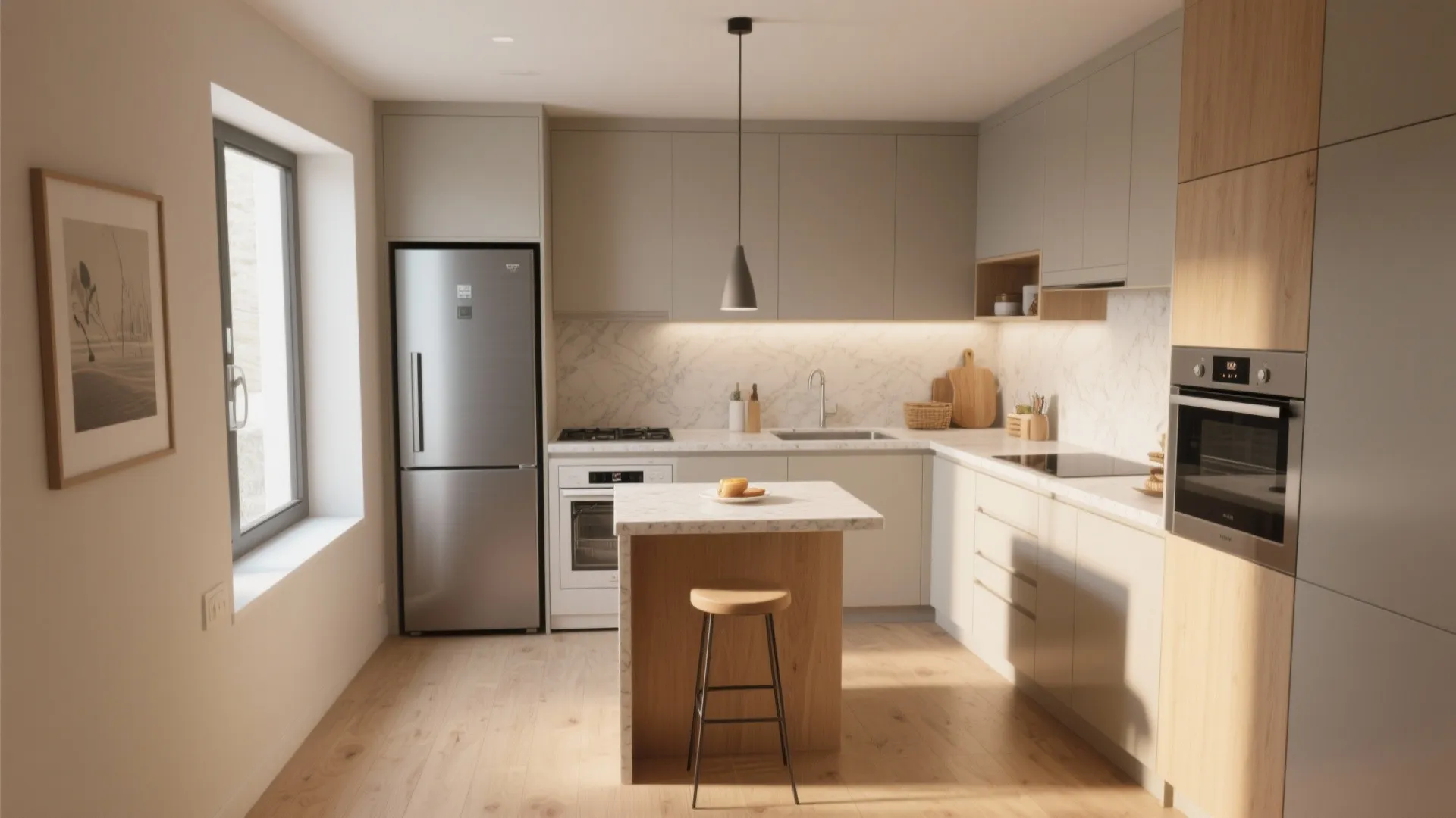 Modern small kitchen with white cabinets wood island grey refrigerator window and light wood floor