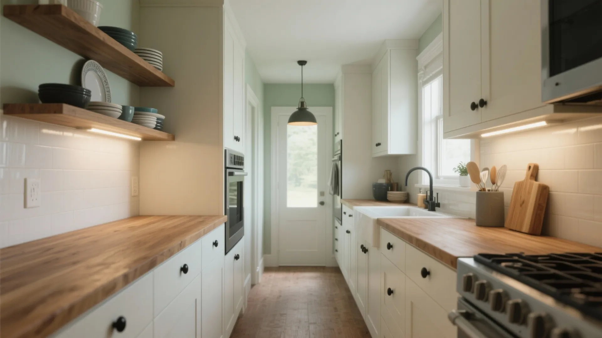 Modern kitchen with white cabinets wood countertops green walls black ceiling light and white tiled walls