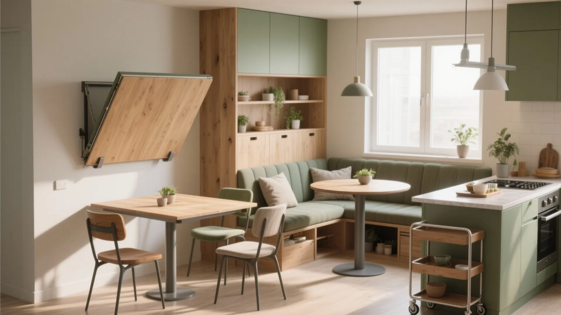 Green and wood kitchen featuring a fold down wall table and comfortable green corner sofa