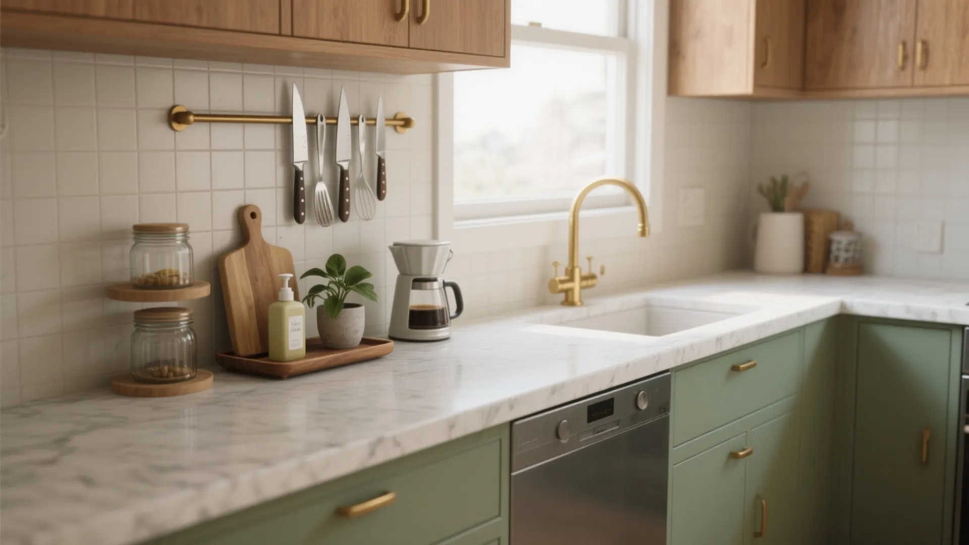 Modern kitchen with green cabinets white marble countertop gold tap wooden cabinets and small green plant